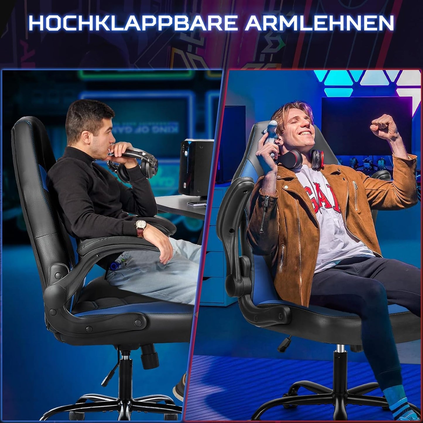 DUMOS Gaming Chair - Ergonomic Gaming Chair, Adjustable Swivel Gaming Chair Made of PU Leather with Folding Armrests, Suitable for Home, Offices etc. (Black-Gray)