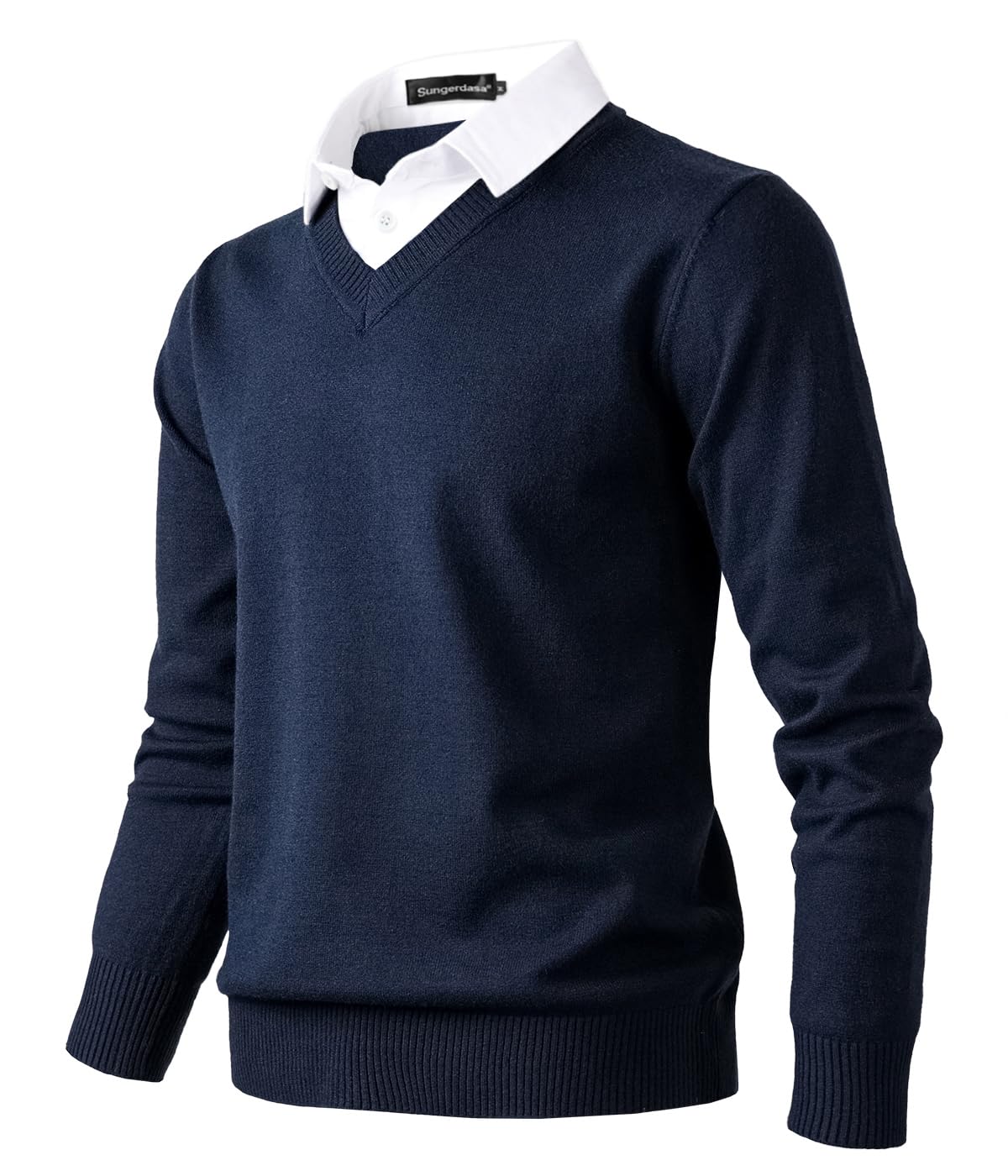 Sungerdasa Men’s 2-in-1 Mock Shirt Collar Sweater – Fine Knit Pullover
