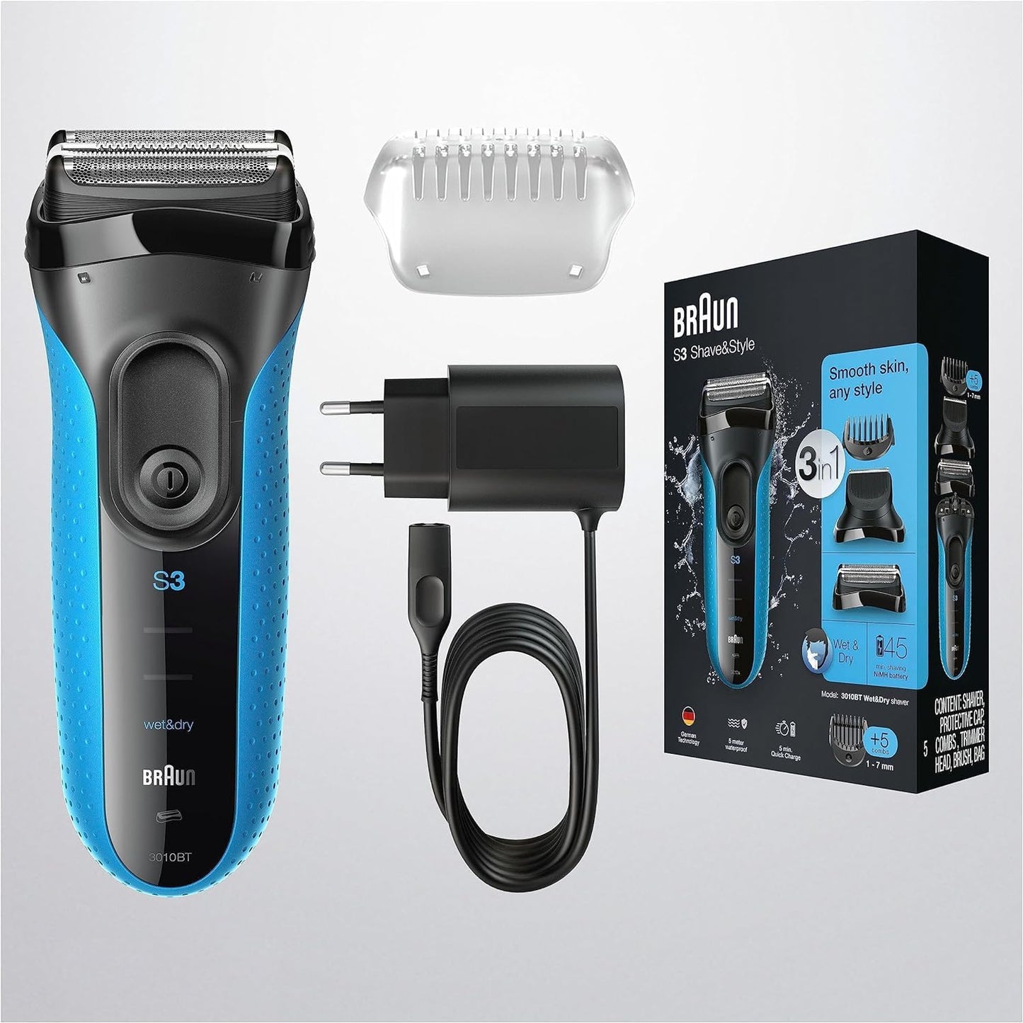 Braun Series 3 ProSkin Elektrorasierer mit Präzisionstrimmer, Rasierer Herren Elektrisch, elektrischer Rasierer, Wet&Dry, rasierapparat, trockenrasierer, Made in Germany, 3040s, schwarz/blau