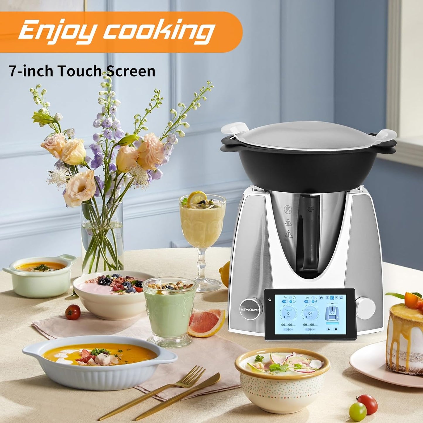 NewKern KE-7001 PRO, Mixer, Küchenmaschinen, Multifunktionaler Küchenroboter mit geführten Rezepten, 12 Spezial-Kochfunktionen, 4L, 7 Zoll Touchscreen Display