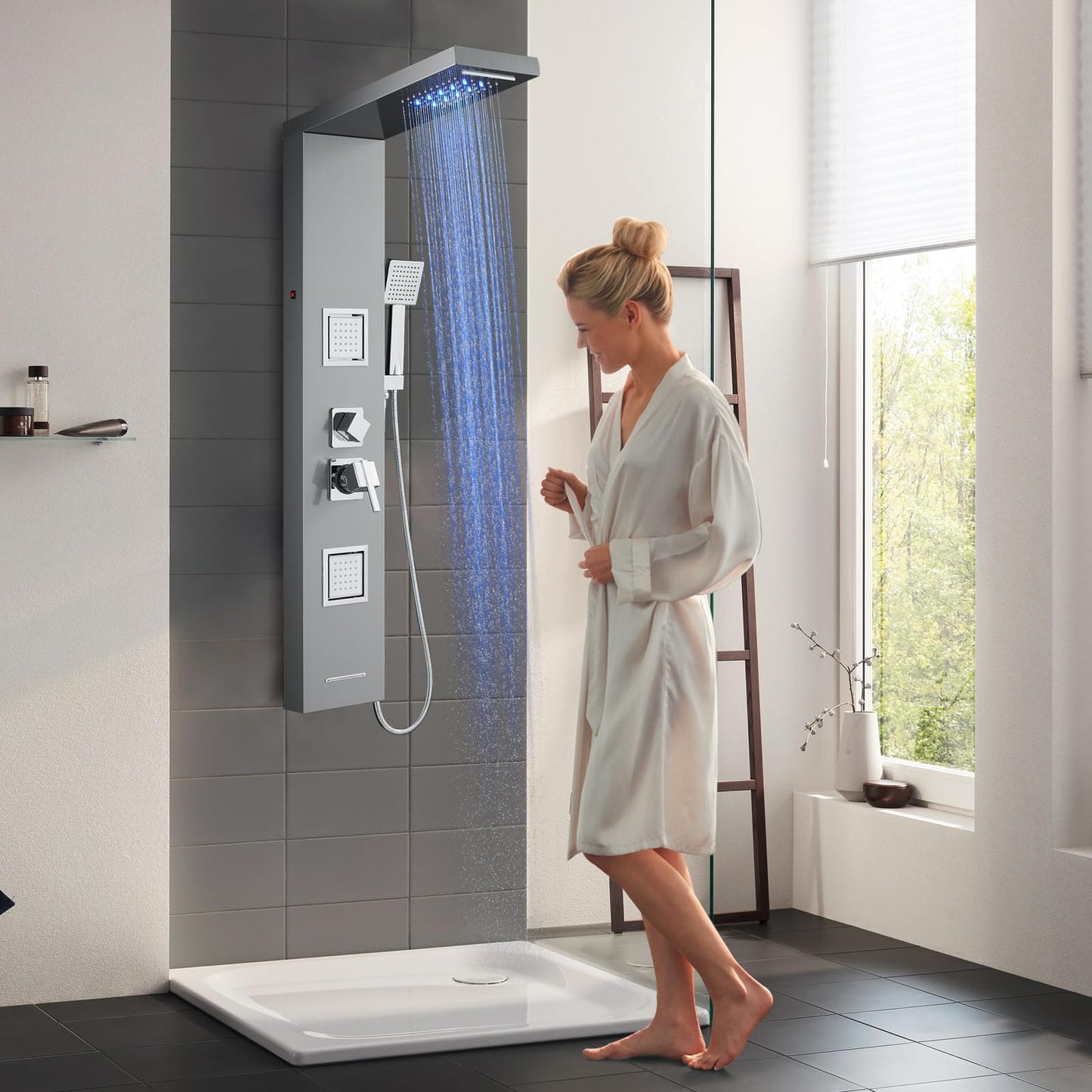 LED Duschpaneel mit Thermostat, OUGOO 6 Funktionen Duschpaneel mit Armatur, Regendusche, Wasserfalldusche, 2-Typ-Massagedüsen, Handbrause und Badewanneneinlauf, 304 Edelstahl, Schwarz