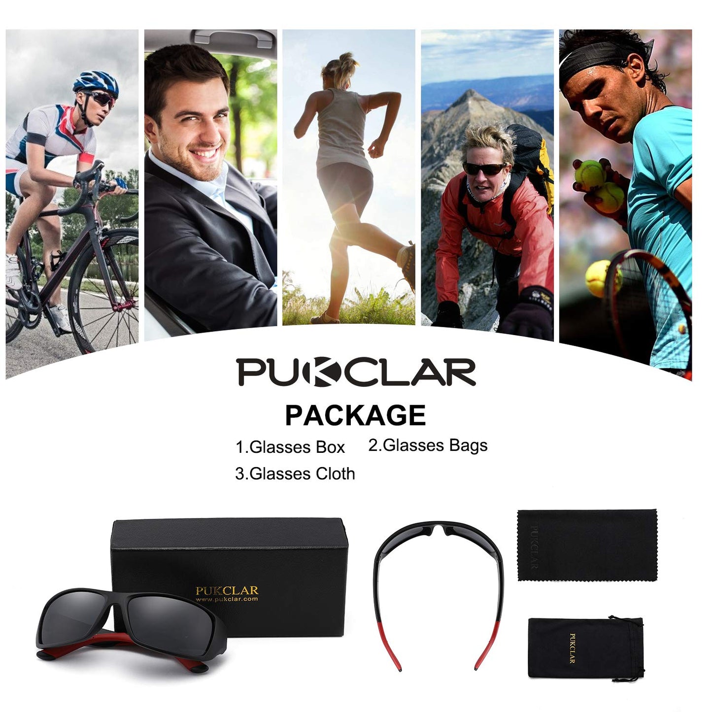 PUKCLAR Sonnenbrille Herren Polarisierte Sportbrille Radsportbrillen Fahrerbrille UV400 Schutz Cat 3 TR90