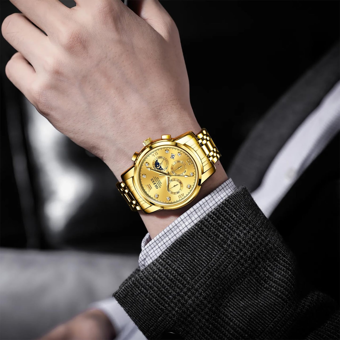 OLEVS Uhren Herren, Edelstahl Analoger Quarzuhr, Multifunktionale Diamanten Herrenuhren, Klassisches Luxuskleid Herrenuhr