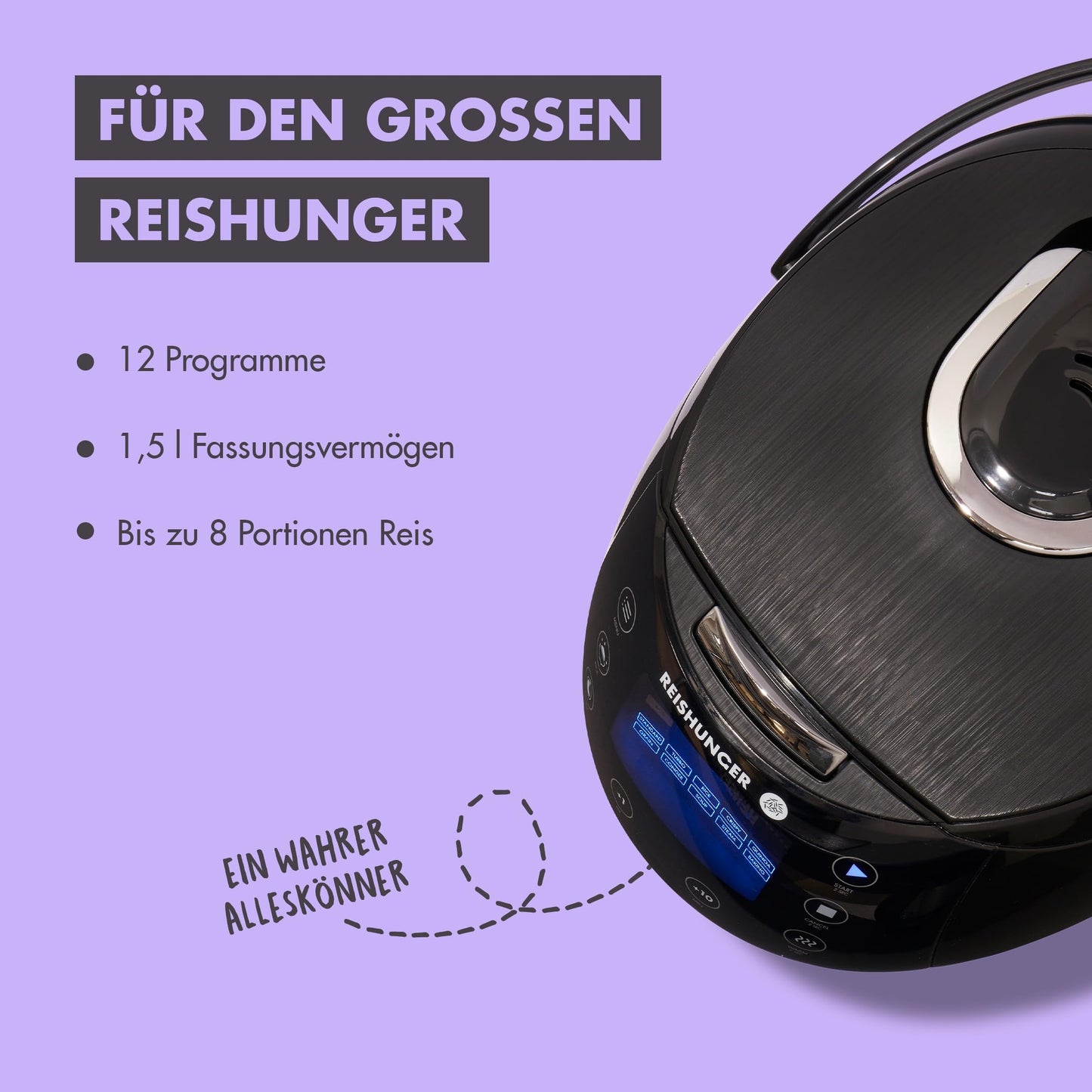 REISHUNGER Digitaler Reiskocher & Dampfgarer Grau | 1,5 L bis 8 Personen | Warmhaltefunktion, Timer & Premium Innentopf | Multikocher, 12 Programme, 7-Phasen-Technologie