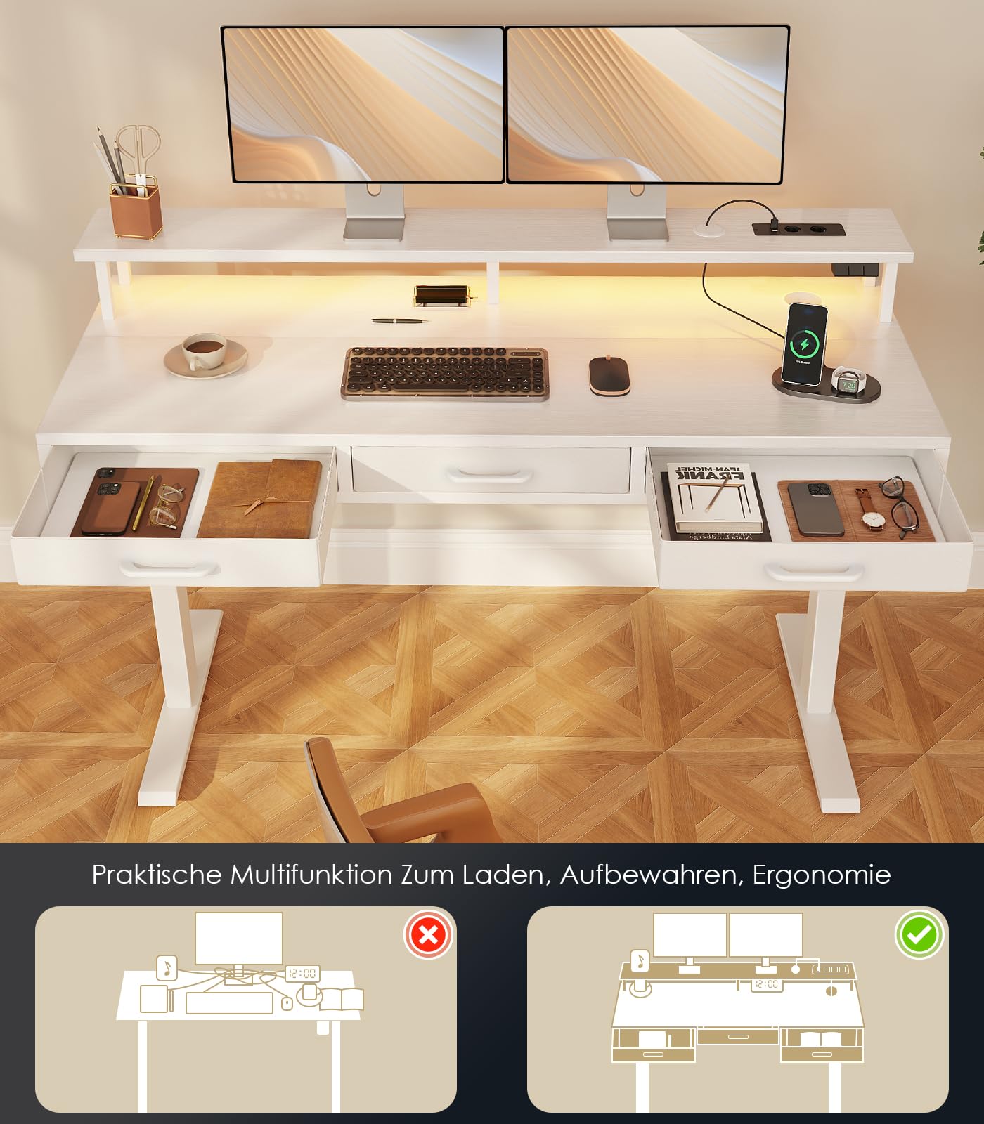 OffiGo Elektrischer Schreibtisch mit Schubladen, 120cm Höhenverstellbarer Schreibtisch mit Monitorständer, Gaming Tisch mit Steckdosen und Lichtleiste, Tisch Höhenverstellbar Bürotisch, Weiß