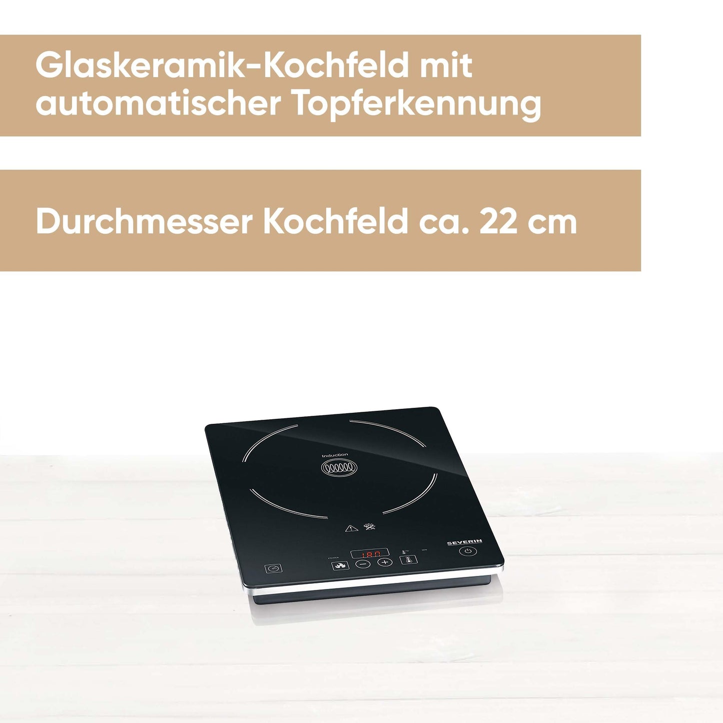 SEVERIN Kochplatte Induktion, für Küche, Büro oder Camping, hochwertige Herdplatte mit stufenloser Temperatureinstellung, Campingkocher mit Glaskeramik-Kochfeld, schwarz, 2.000 W, KP 1071