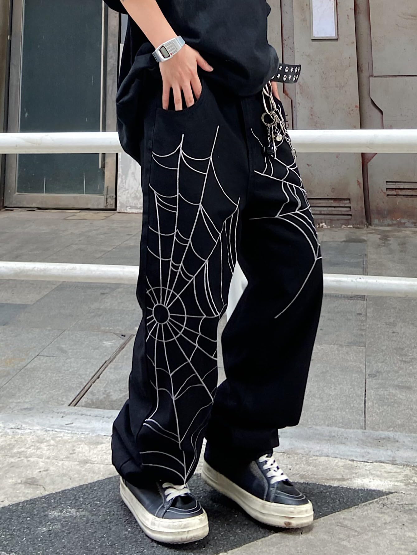 Men’s Baggy Jeans with Spider Web Embroidery