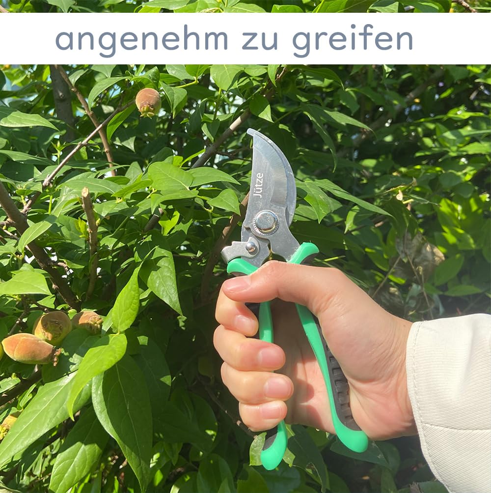 Jütze® Gartenschere für Sträucher und Blumen mit Rutschfester Griff & Edelstahl-Klinge, Leicht & Ergonomisch Rosenschere, Sicher mit Klingensperre, Beidhändig bedienbar, Länge 19cm