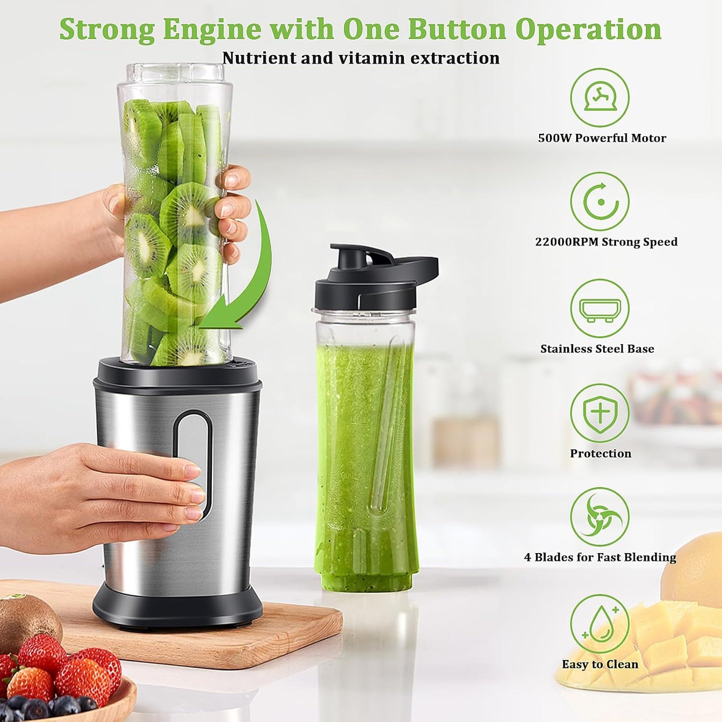 Mixer, 500W Mini Standmixer & Smoothie Maker mit 2x600ml Flaschen BPA frei Tritan, Tragbarer Mixer Smoothie Maker aus Edelstahl 4-Blatt für Shake, Smoothie und Babynahrung, Silber