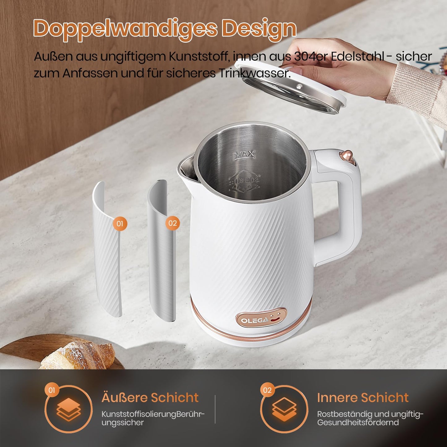 OLEGA Wasserkocher - 1800W Schnellaufheizender Elektrischer Teekessel BPA-freier 304 Edelstahl Elektrischer Wasserkocher mit Automatischer Abschaltung und Trockengehschutz Perfekt für die Familie 1.8L