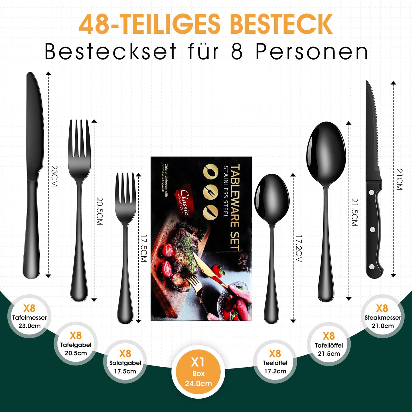 TAN REN Besteck Set Schwarz 6 Personen, 36-Teiliges Edelstahl Besteckset Schwarz mit Steakmesser, Elegantes Essbesteck mit Messer Gabel Löffel, Tafelbesteck für Küche/Restaurant