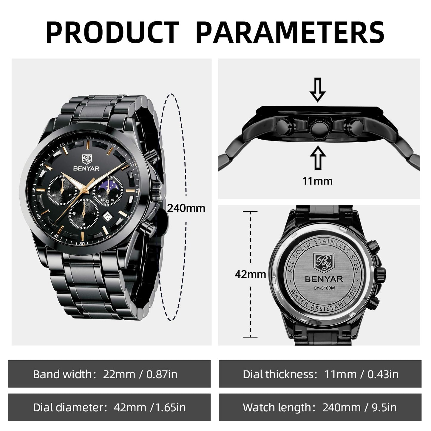 BY BENYAR Uhren Herren Chronograph Analog Quarz Wasserdicht Armbanduhr Herren Mode Lässig Business Herrenuhr mit Kalender Lederarmband/Edelstahlarmband Uhr Geschenk für Männer