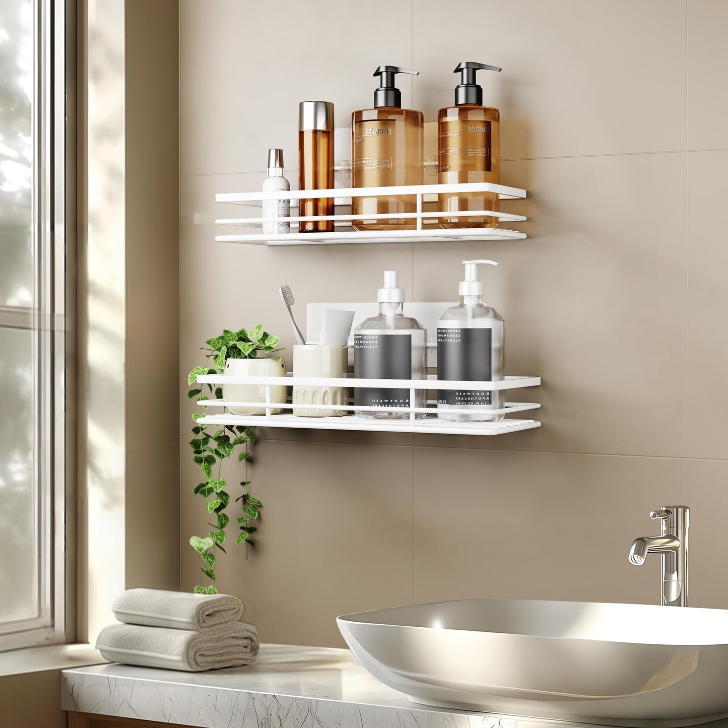 saffruff Duschablage Ohne Bohren 2 Stück Duschregal Duschkorb Badezimmer Organizer, Regal Badregal Shampoo Halterung für Dusche Küche Bathroom, mit 2 Klebeflächen,Edelstahl Schwarz
