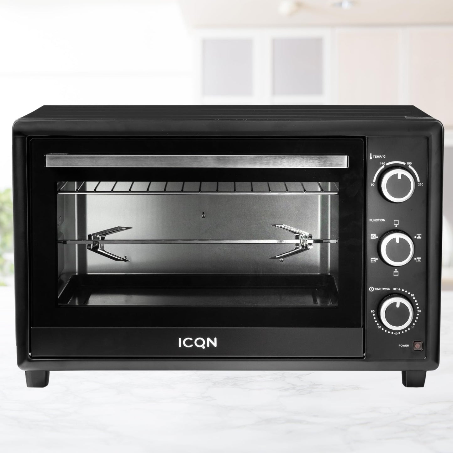ICQN Kompakter Minibackofen 15 Liter, 1200W, 60 min-Timer, 3 Kochfuntionen, 90°-230°C, Kleiner Camping Ofen, Anthrazit, 2-Jahre Garantie