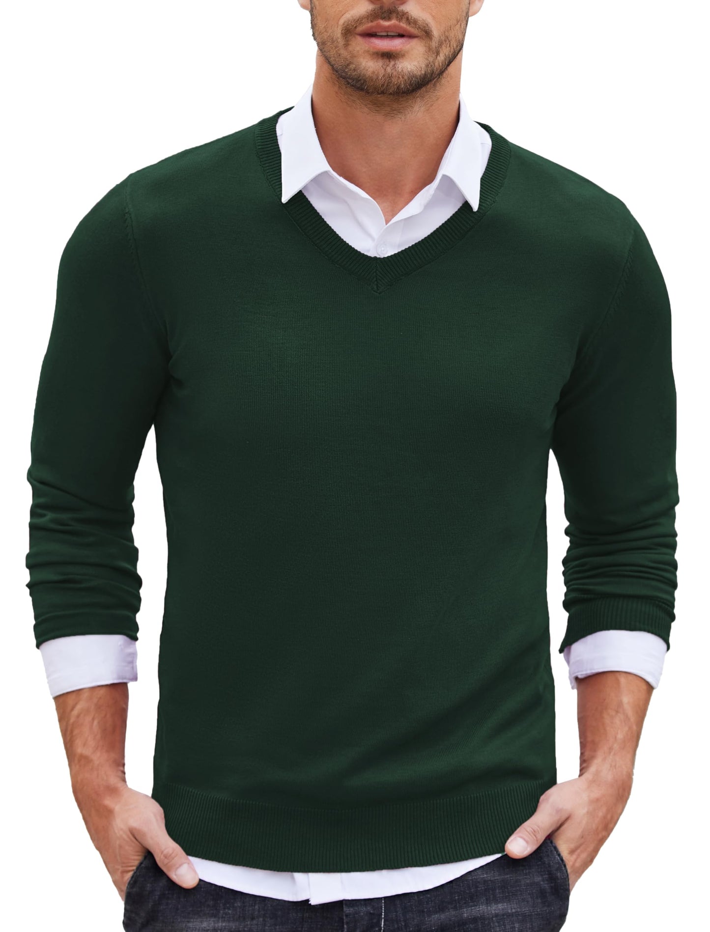 COOFANDY Men’s V-Neck Knit Sweater – Classic Long Sleeve Pullover