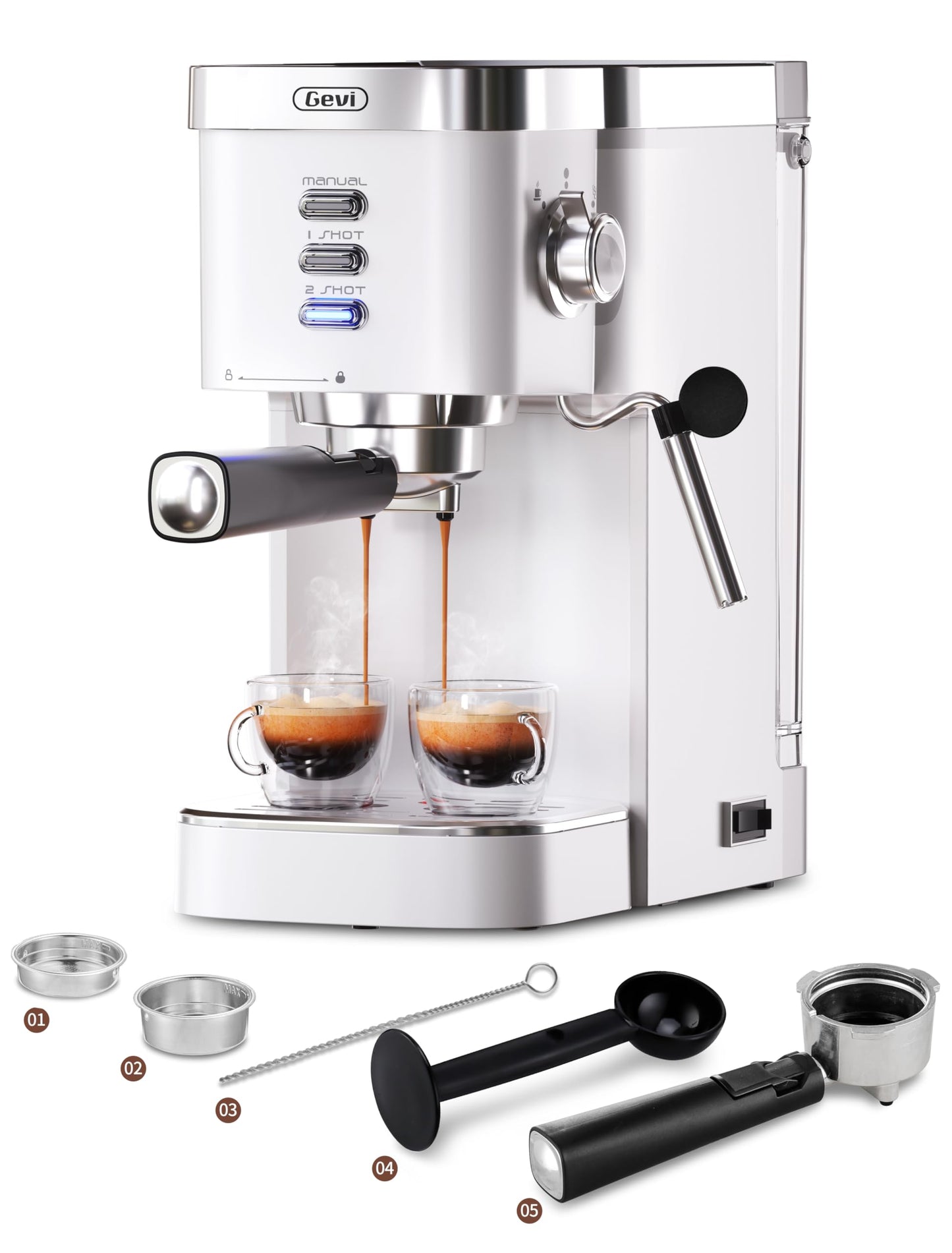Gevi 20 Bar Espresso Kaffeemaschine Espressomaschine mit professionellem Milchaufschaumdüse, nur 15 cm breit,1350W schnelle Hitze für Cappuccino, Latte & Macchiato, 1,2L Wassertank, Weiß