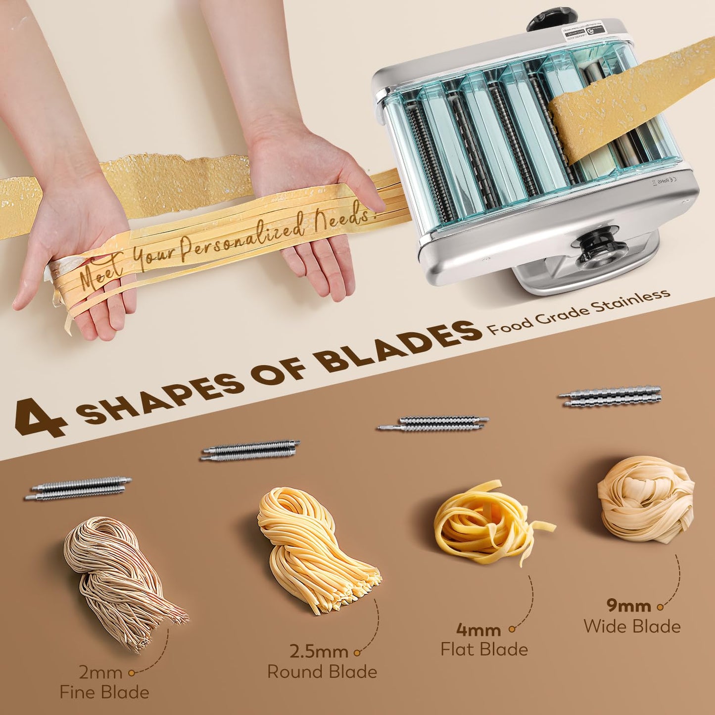 CGOLDENWALL Electric Pasta Machine Household Fresh Pasta Dough Machine Made of Stainless Steel with 2.5 mm Round and 4 mm Flat Blades, 9 Thickness Settings for Pasta/Spaghetti/Lasagna/Ravioli