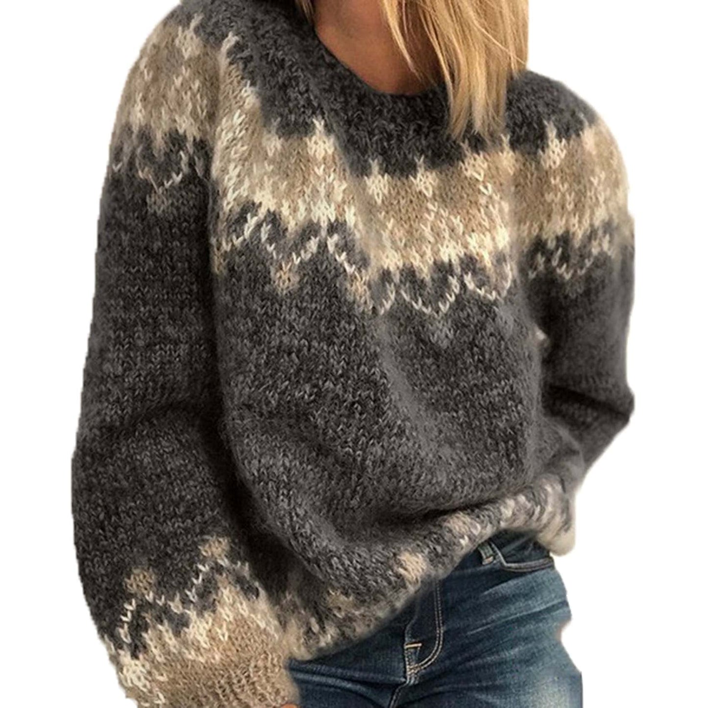 HUIPYOU Women's Mohair Jacquard Knit Sweater