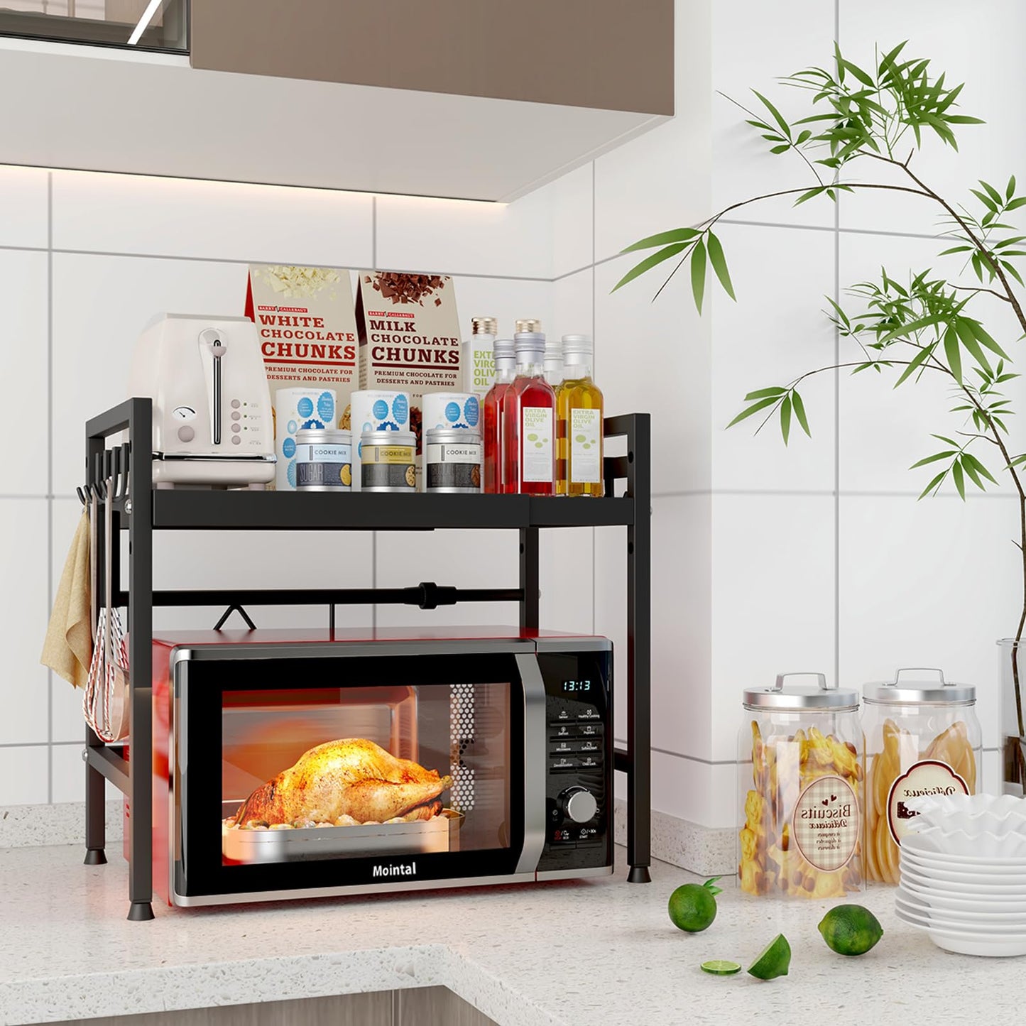 Mointal Verstellbares Mikrowellenregal, 2-Stufig Erweiterbares Küchen Mikrowelle Ständer Regal, Mikrowellenhalter aus Kohlenstoffstahl, Küchenaufbewahrung Organizer mit 8 Haken, Schwarz