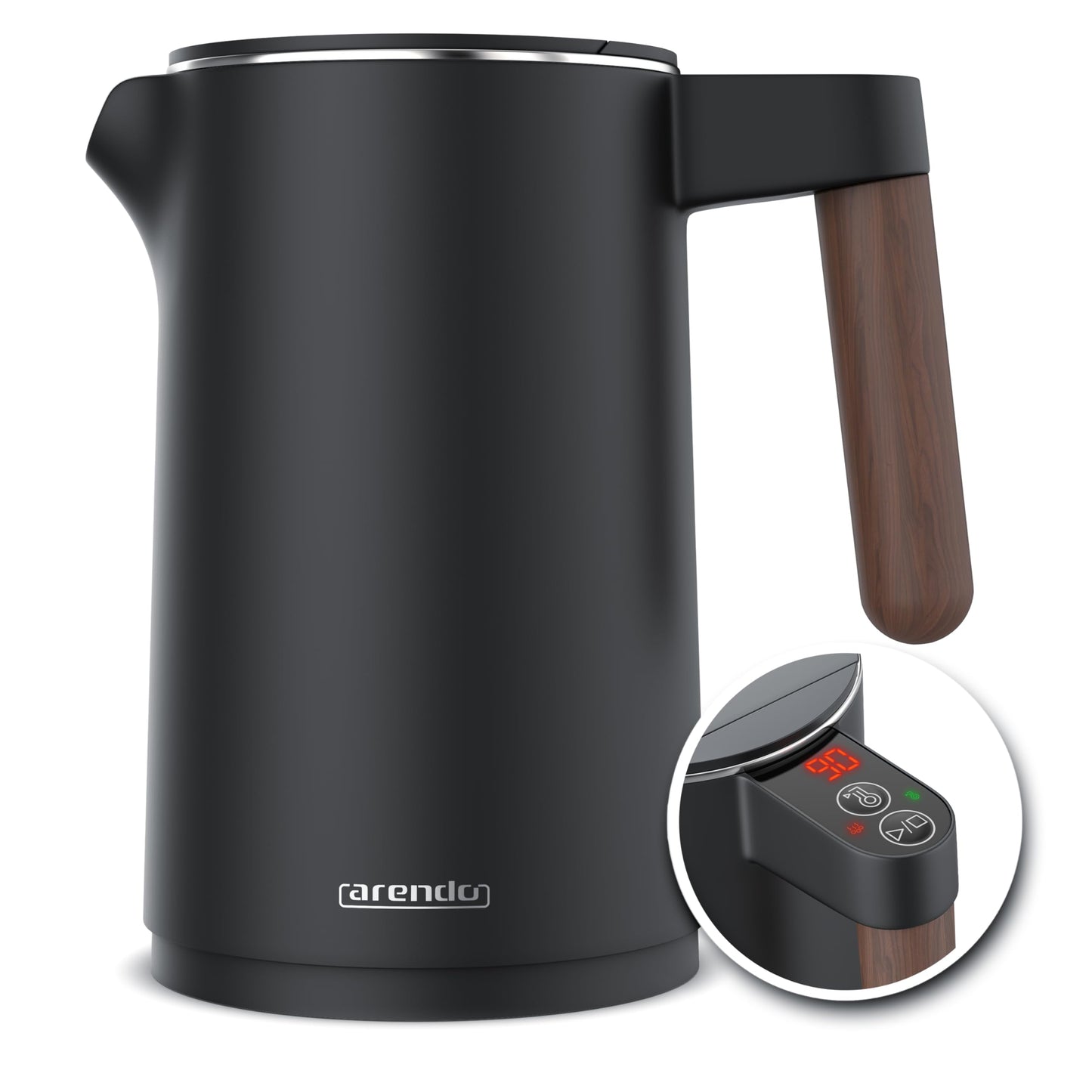 Arendo - Stainless Steel Kettle with Temperature Setting - 45°C-100°C - 1.5 Litre - Double Wall - BPA Free - Keep Warm Function - Tea Maker with Temperature Indicator - Cool Touch Handle - Black