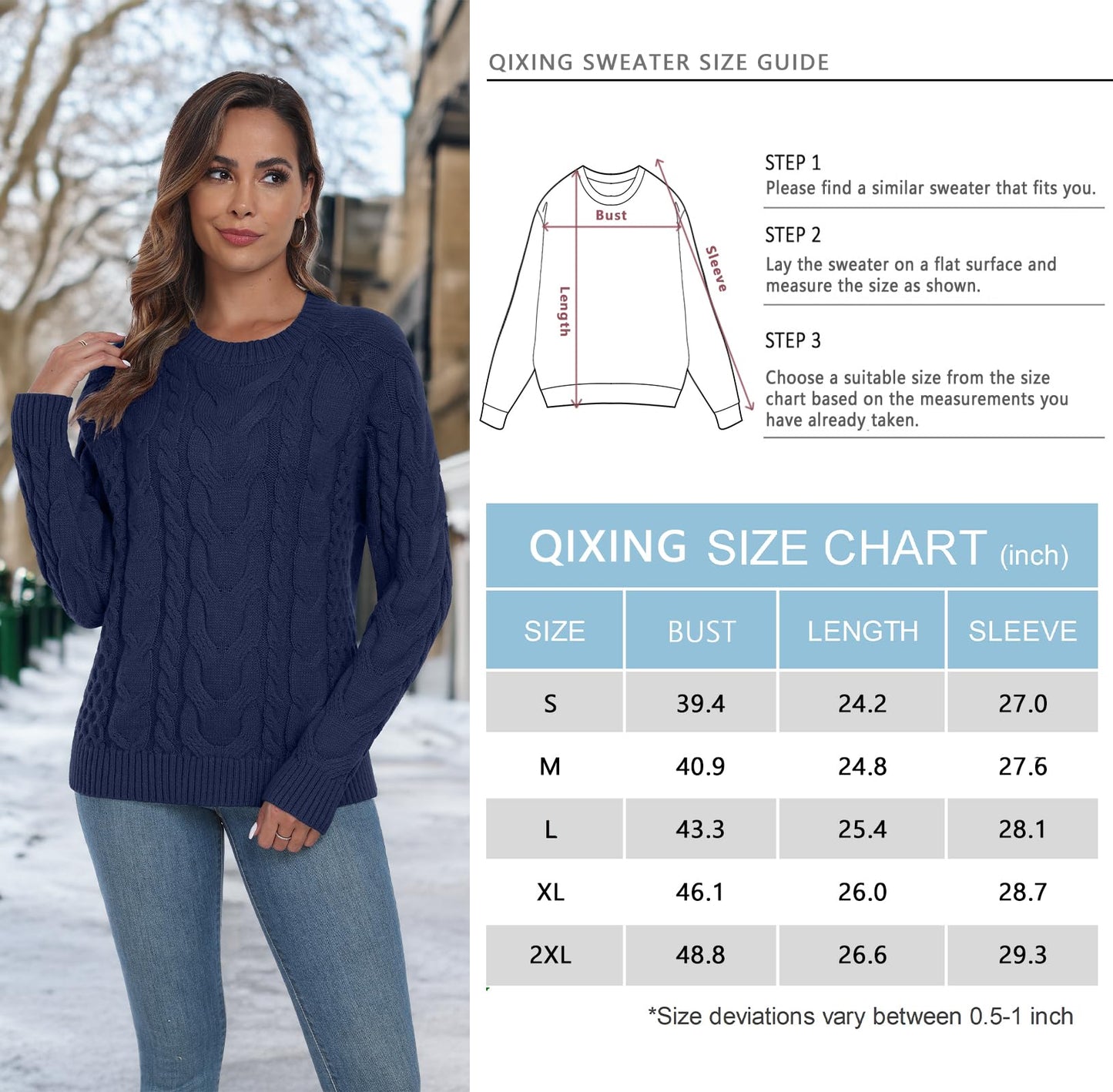QIXING Women's Cable Knit Sweater – Elegant Long Sleeve Round Neck Winter Pullover