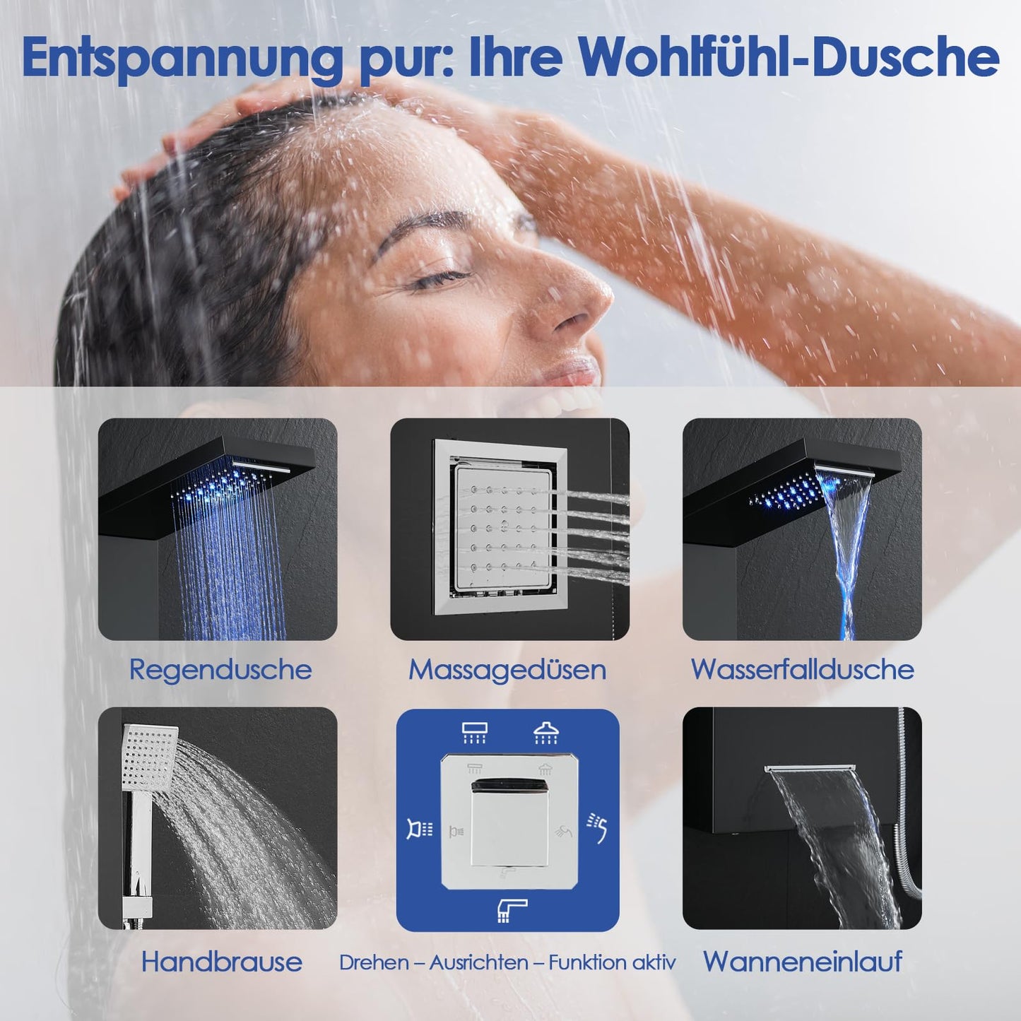 LED Duschpaneel mit Thermostat, OUGOO 6 Funktionen Duschpaneel mit Armatur, Regendusche, Wasserfalldusche, 2-Typ-Massagedüsen, Handbrause und Badewanneneinlauf, 304 Edelstahl, Schwarz