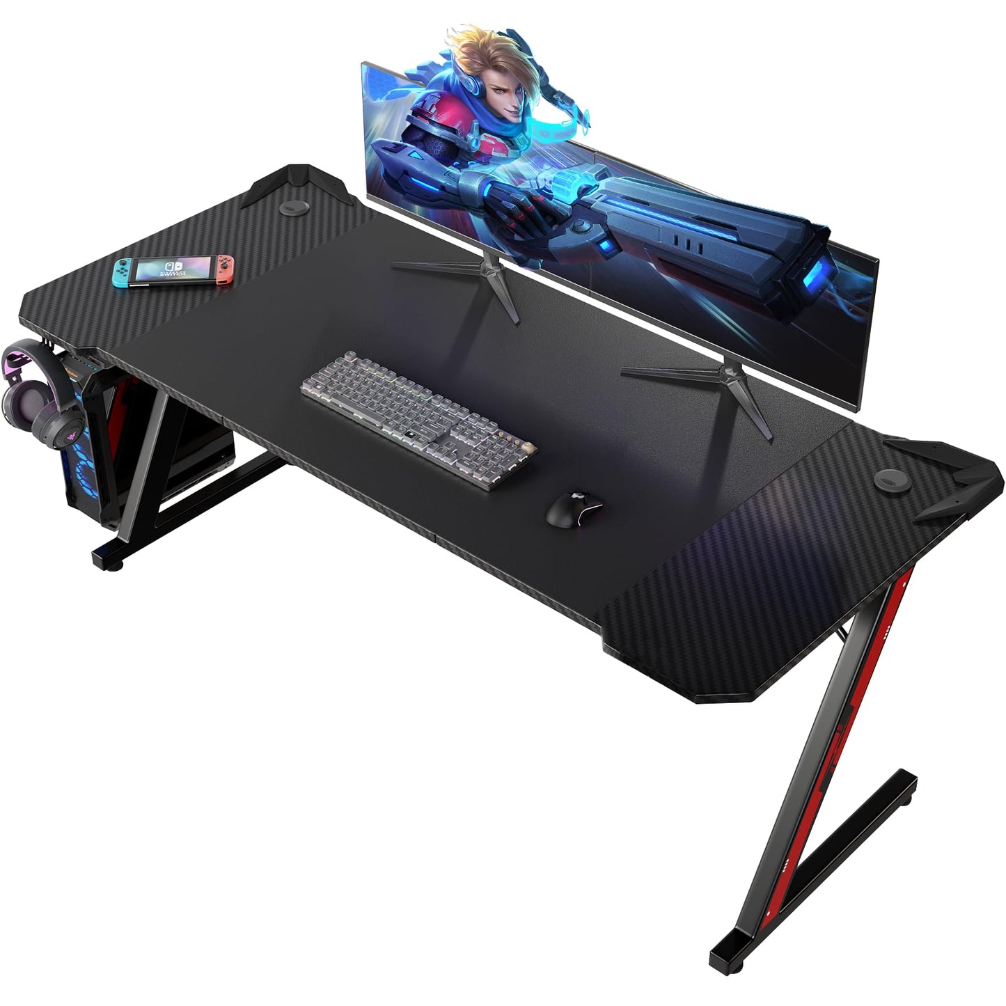 Homall Gaming Table, 80 x 52 cm, Z-Frame Gamer Desk with Headphone Hooks & Drink Holder, Carbon Coating, Ergonomic PC Computer Desk, Sturdy Table