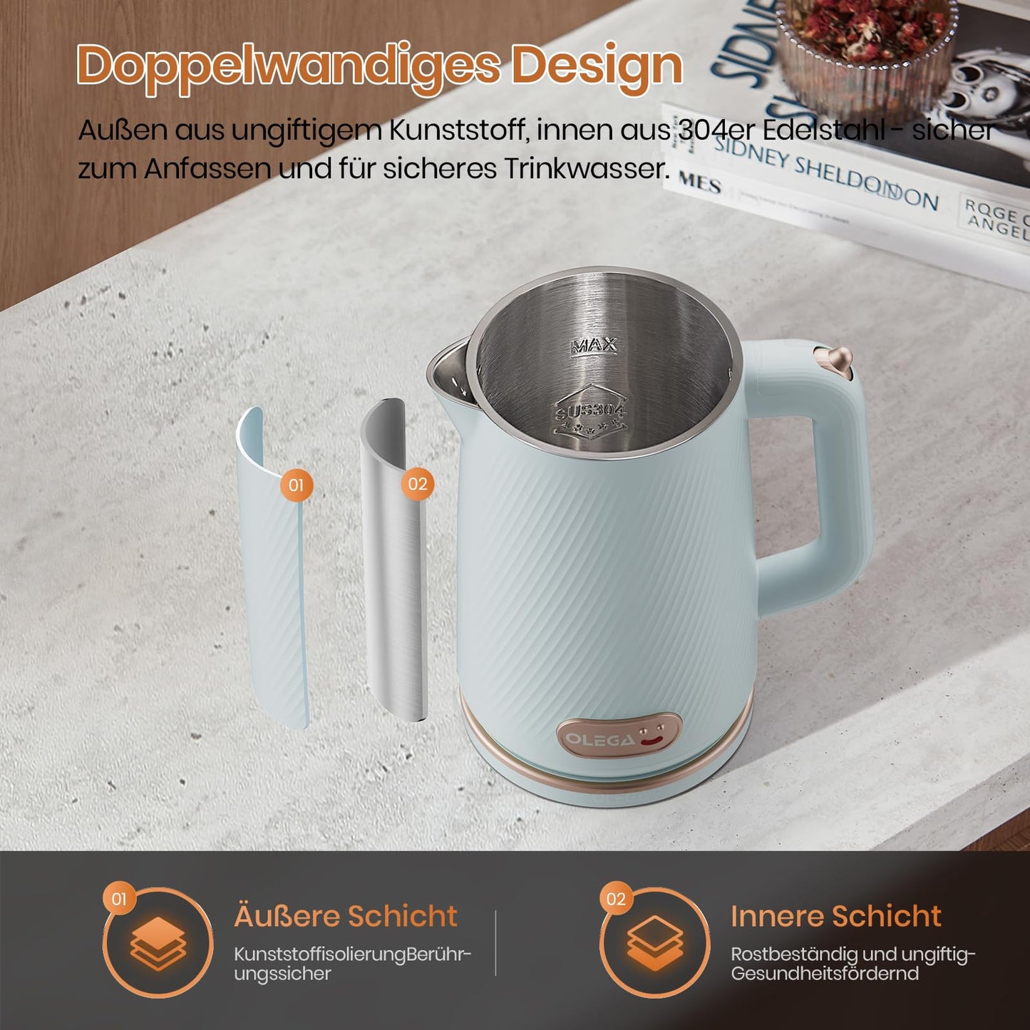 OLEGA Wasserkocher - 1800W Schnellaufheizender Elektrischer Teekessel BPA-freier 304 Edelstahl Elektrischer Wasserkocher mit Automatischer Abschaltung und Trockengehschutz Perfekt für die Familie 1.8L