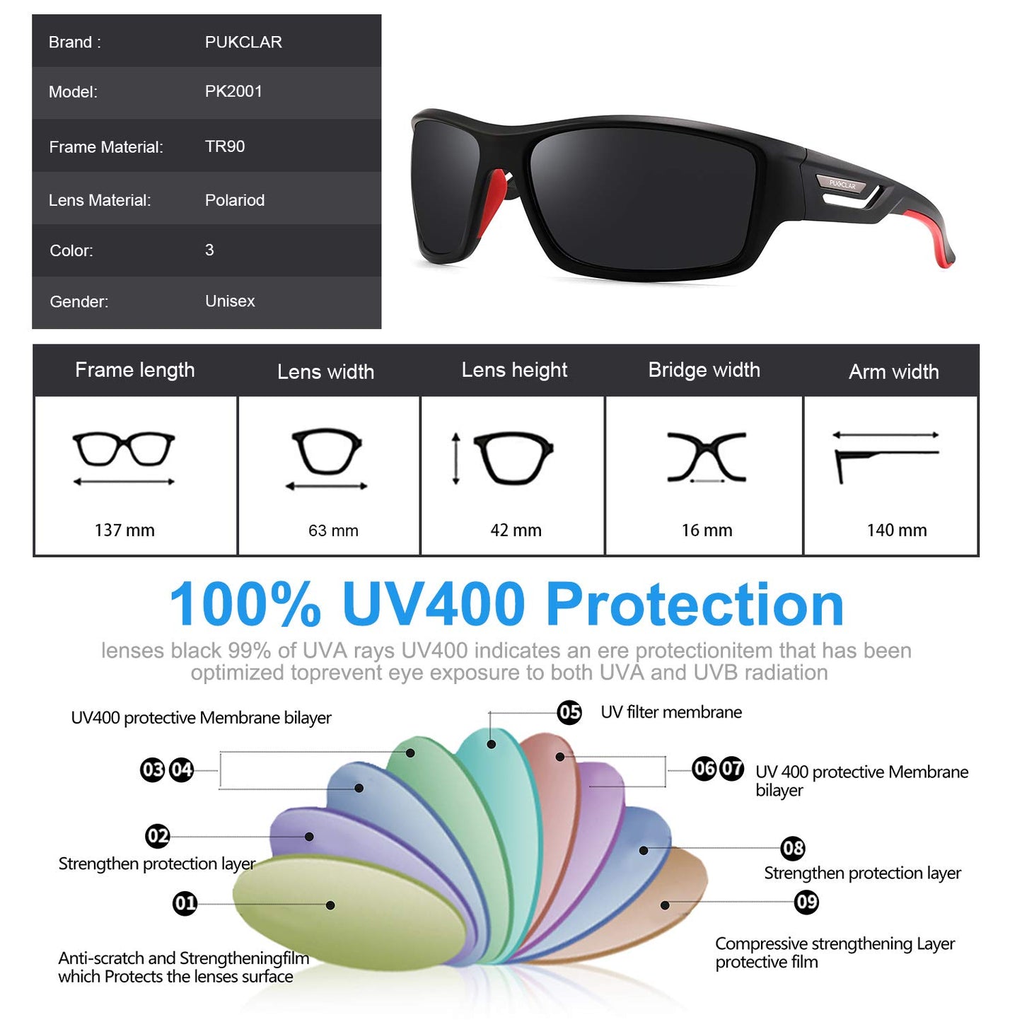 PUKCLAR Polarisierte Männer Sonnenbrille Sport Fahren Frauen Sonnenbrille Radfahren Laufen Fischen Brille TR90 Frame