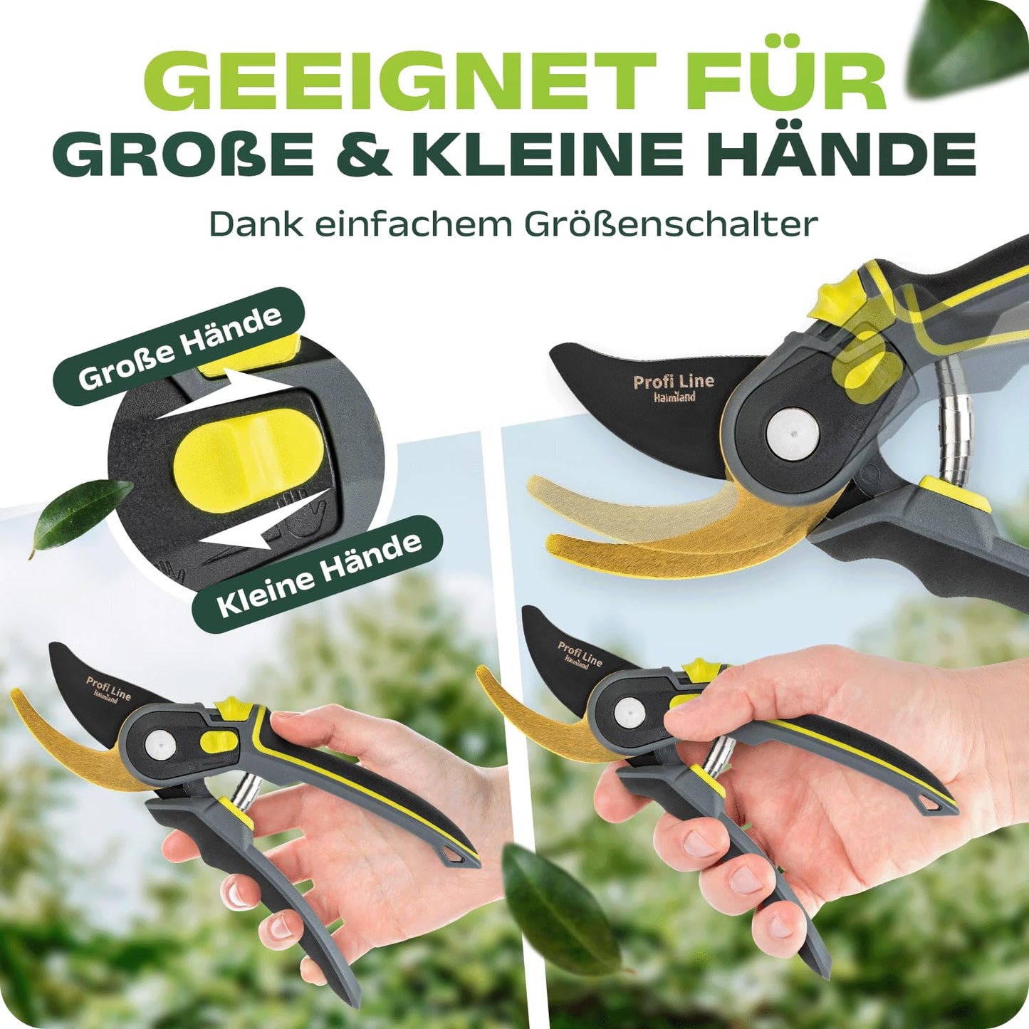 halmland® Premium Gartenschere mit scharfer SK5 Stahlklinge | Astschere, Pflanzenschere | schneidet Äste bis 20mm Durchmesser | Teflon-Antihaftbeschichtung | für große & kleine Hände | Gelb