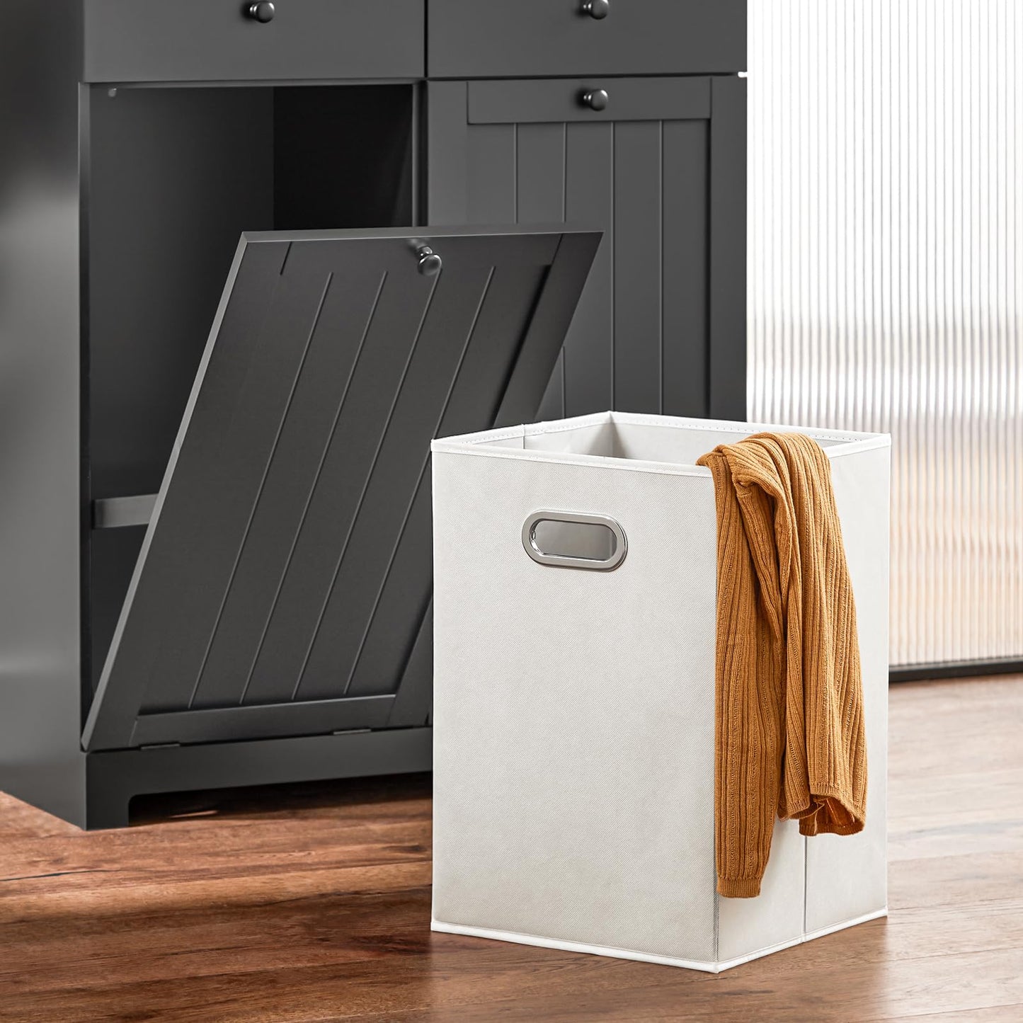 SoBuy Badezimmerschrank mit Wäschekorb Schmaler Badschrank Hoch Badregal Stehend mit 6 Ablagen und 2 Schubladen Wäscheschrank Schmal für Badezimmer Nische Weiß 60x37x171 cm BZR104-W