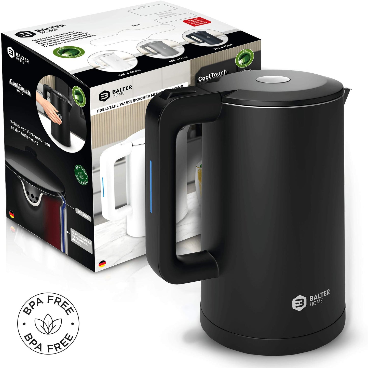 Balter Wasserkocher Edelstahl WK-4, 1,7 Liter, elektrischer Wasserkocher, Doppelwand Design, BPA frei, LED, Teekocher Kompakt, leise (Schwarz)