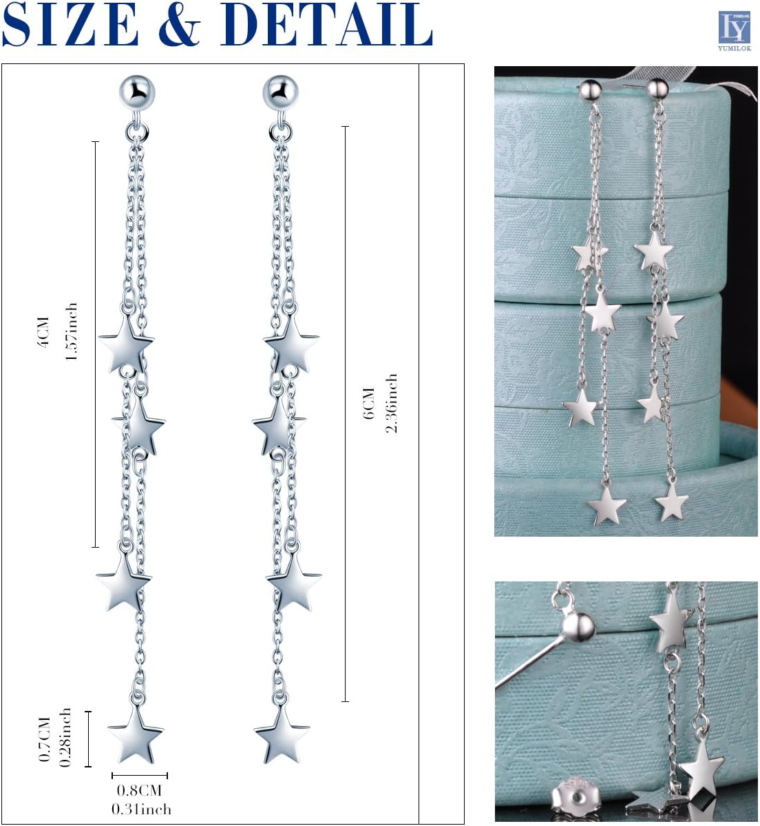 Yumilok 925 Sterling Silver Star Drop Earrings