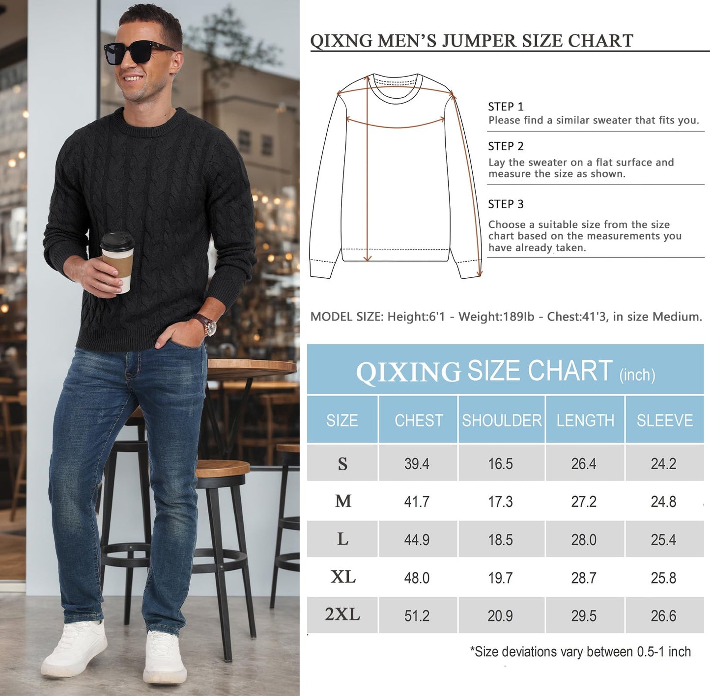 QIXING Men’s Cable Knit Sweater – Chunky Crewneck Pullover
