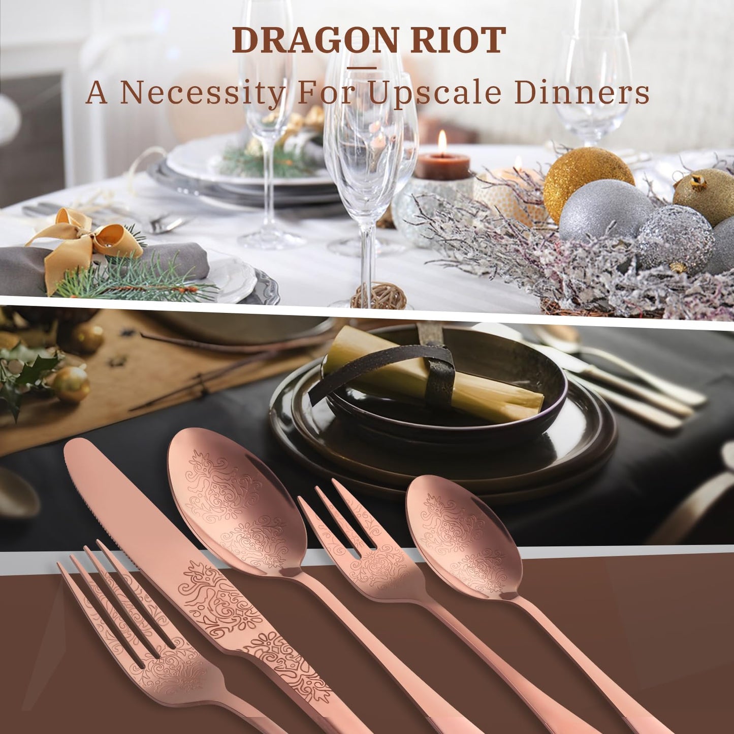 DRAGON RIOT Besteck Set 6 Personen - 30 teilig Edelstahl Besteckset Roségold, Elegantes Bestecksets mit Messer Gabel Löffel, Cutlery Set für Haus/Party/Restaurant