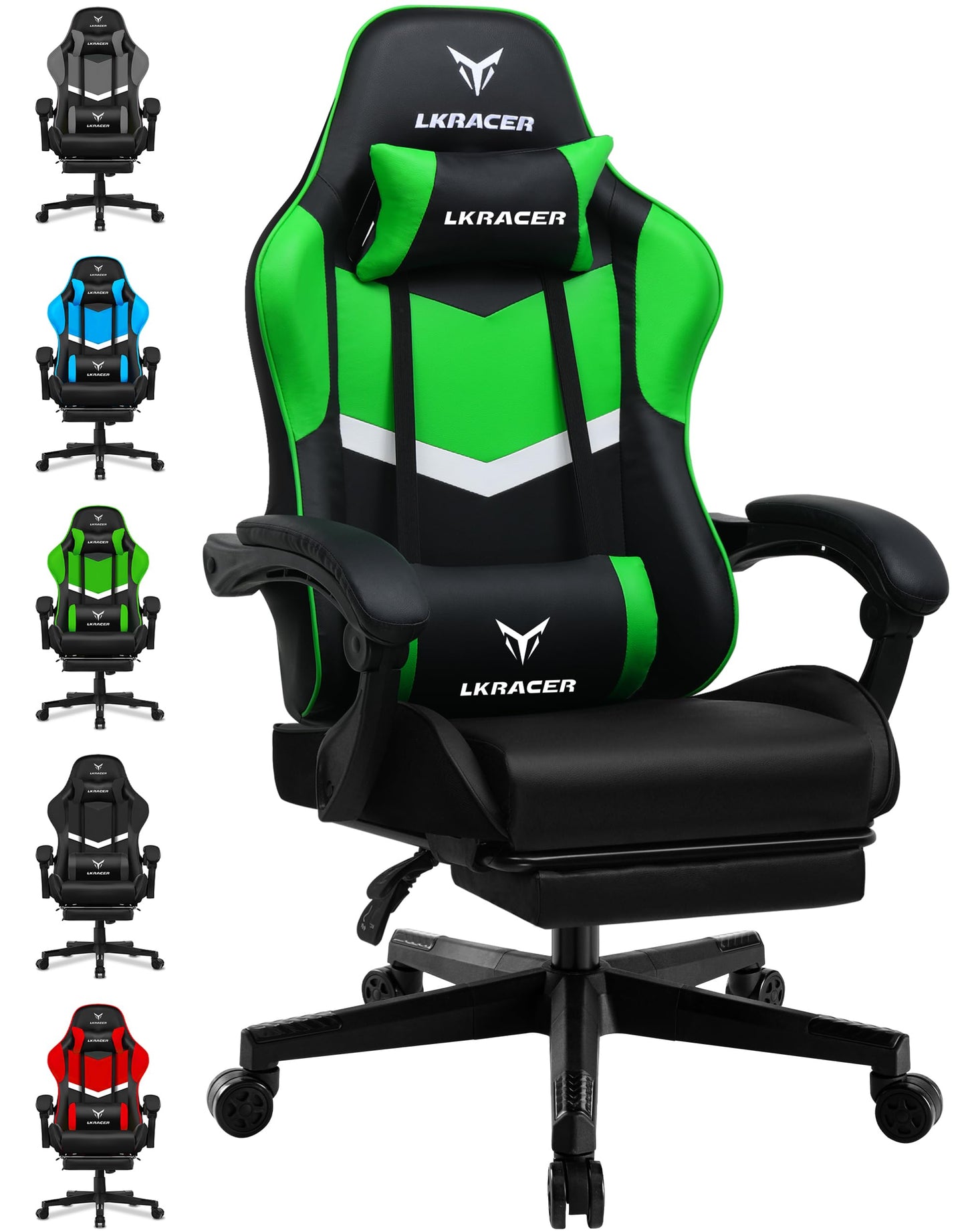 LUCKRACER Gaming Stuhl mit fußstütze Bürostuhl Ergonomisch mit verstellbare Lendenkissen, Kopfkissen Gaming Chair,Höhenverstellbarer Gamer Stuhl, 150 kg Belastbarkeit Grau