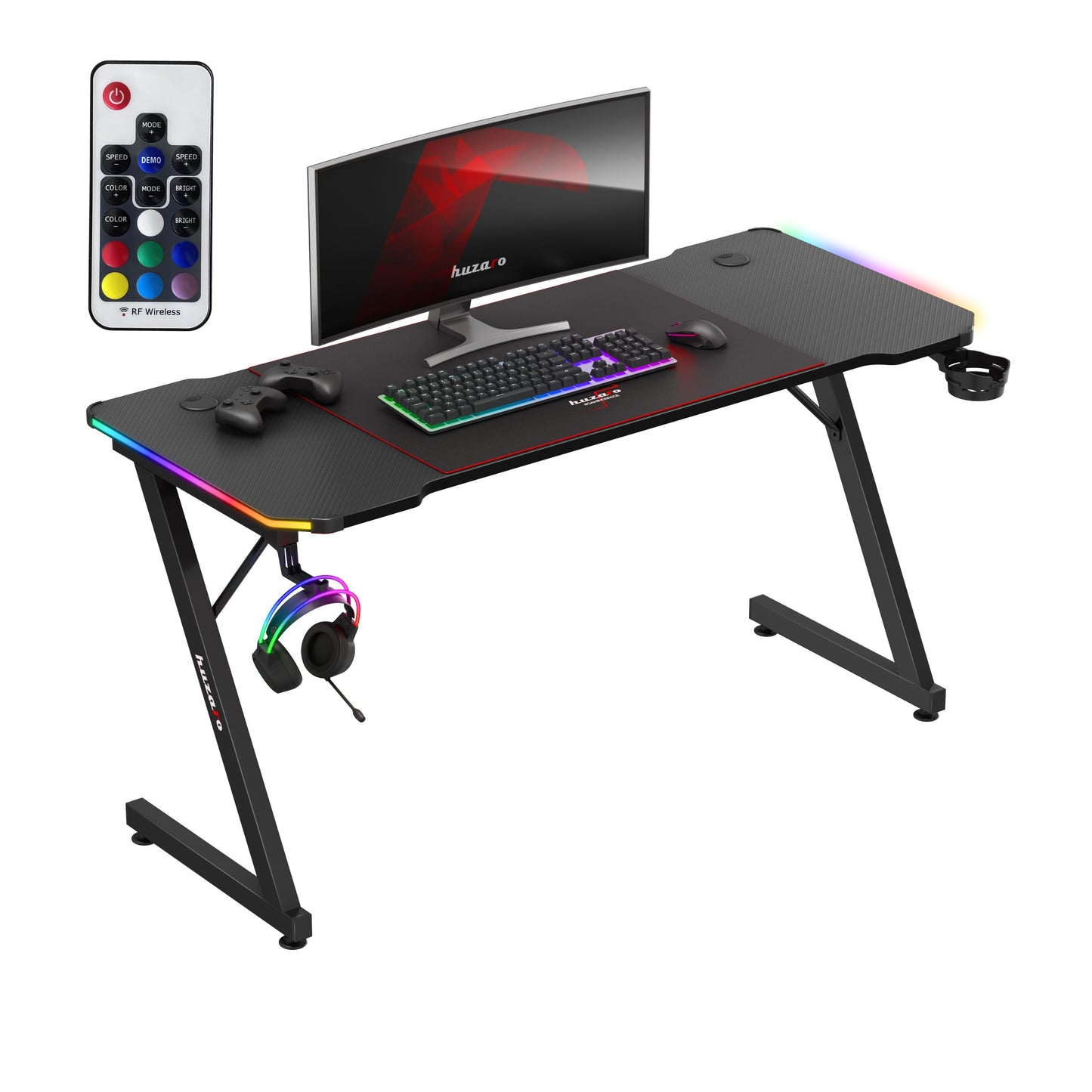 huzaro Hero 4.8 RGB | LED Gaming PC Tisch XXL Schreibtisch | Inklusive Mauspad | Kopfhörerhaken Getränkehalter | Kabelorganisator | Carbon Tischplatte | Stabiler Computertisch | 160x60cm | Schwarz