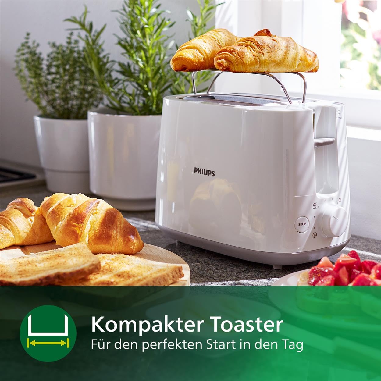 Philips Toaster – 2 Toastschlitze, 8 Stufen, Brötchenaufsatz, Auftaufunktion, Liftfunktion, Abschaltautomatik, schwarz