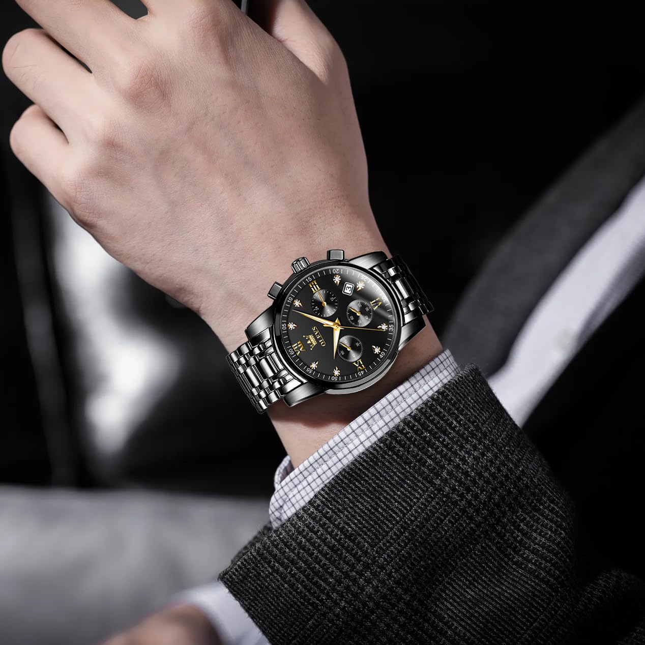 OLEVS Uhren Herren, Edelstahl Analoger Quarzuhr, Multifunktionale Diamanten Herrenuhren, Klassisches Luxuskleid Herrenuhr
