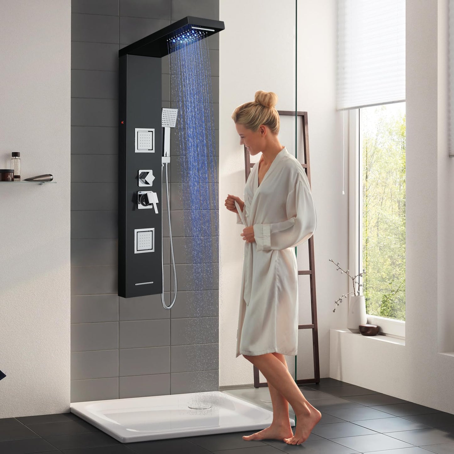 LED Duschpaneel mit Thermostat, OUGOO 6 Funktionen Duschpaneel mit Armatur, Regendusche, Wasserfalldusche, 2-Typ-Massagedüsen, Handbrause und Badewanneneinlauf, 304 Edelstahl, Schwarz