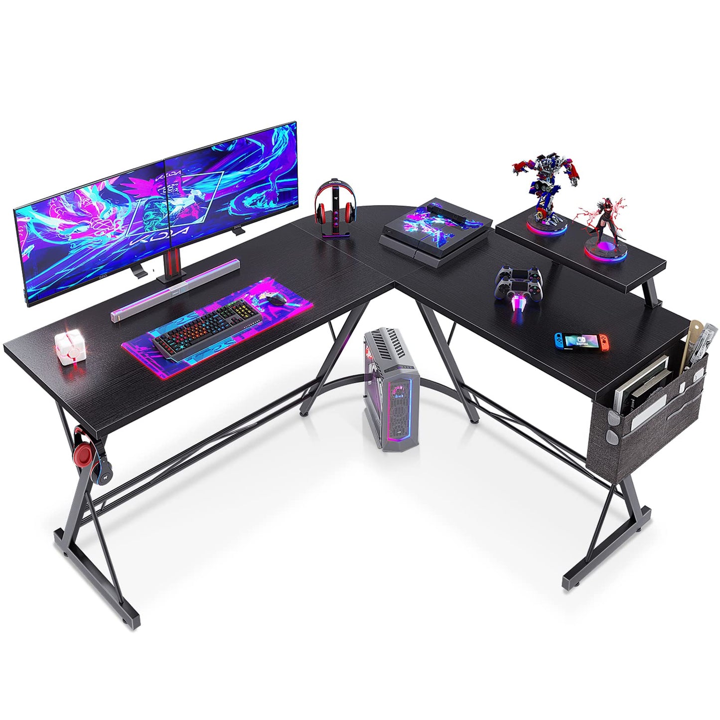 ODK Gaming Tisch, Gaming Schreibtisch Eckschreibtisch für Gamer, Schreibtisch L Form mit Monitorständer für Büro (Schwarz, 127 x 127 cm)