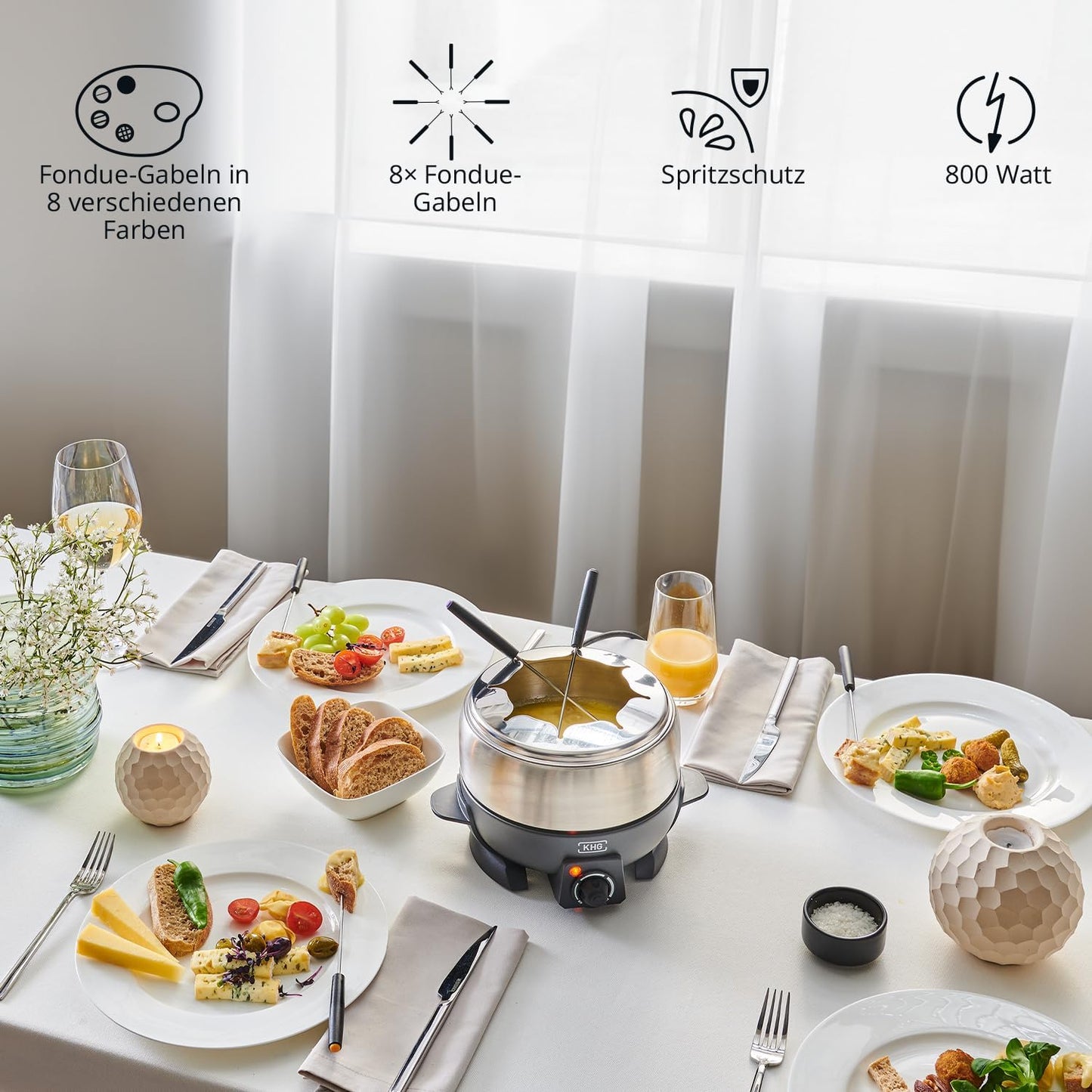 KHG Elektro-Fondue FO-800SE mit Edelstahl-Topf 1,8 L Silber für bis zu 8 Personen, variable Temperatureinstellung, 25x16cm Ideal für Fleisch, Käse oder Schokolade mit 8 Gabeln Spritzschutz 800 W