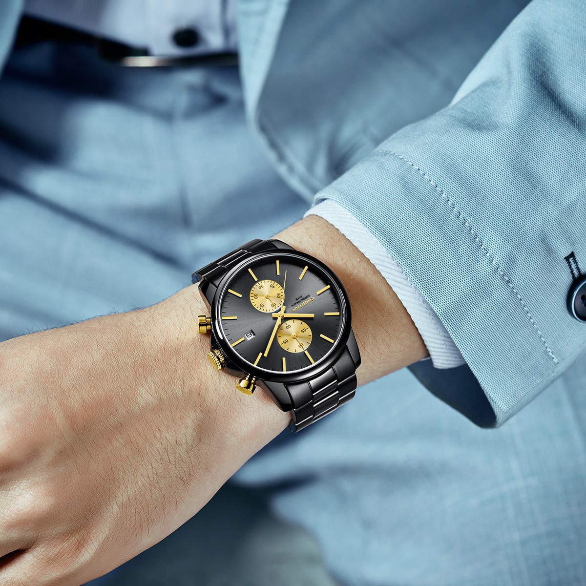 Herrenuhren mit lässiger wasserdichter Chronographen Quarzuhr aus Edelstahl und Metall, Auto Date in farbenfrohen Zeigern