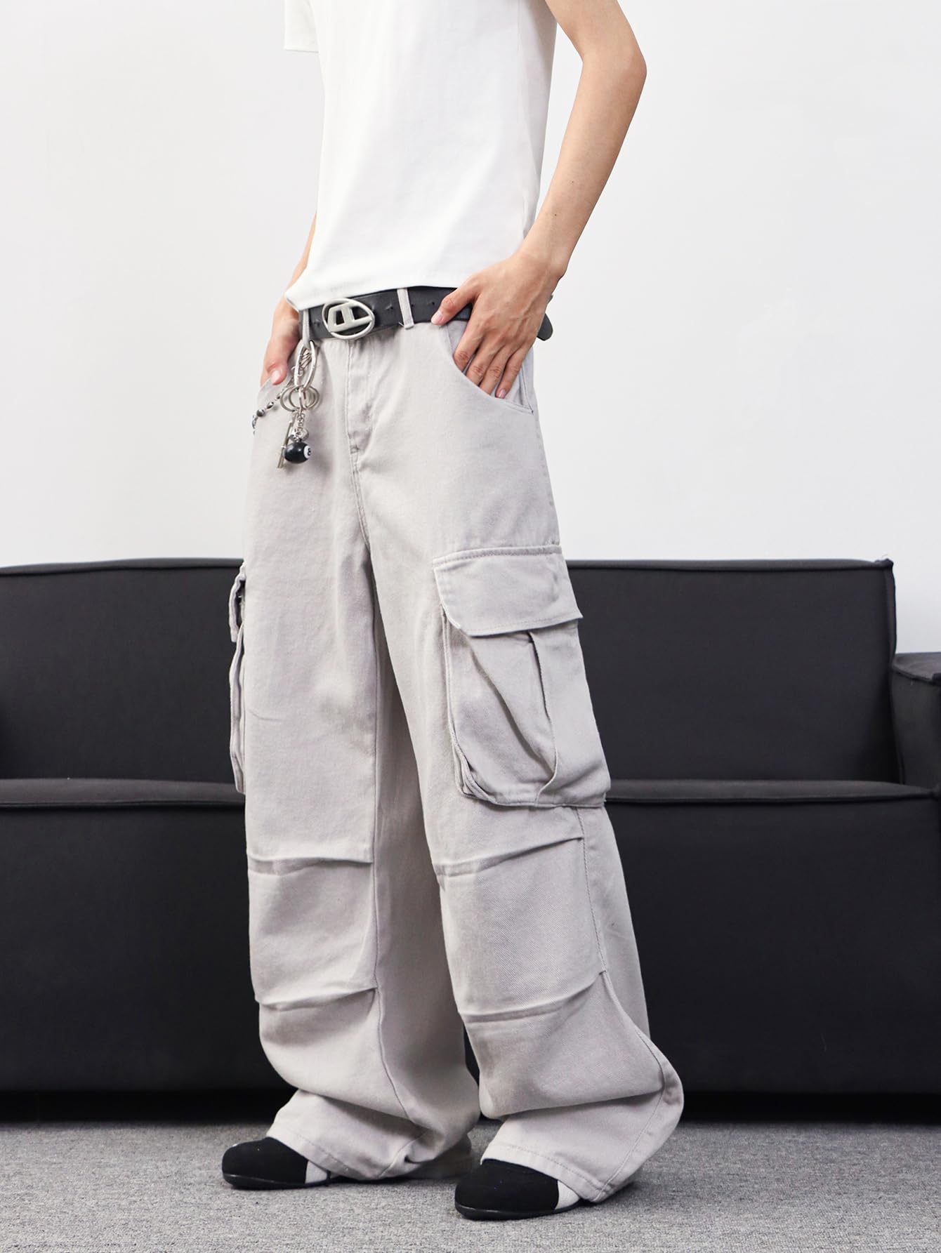 Zewool Men’s Casual Wide-Leg Denim Cargo Pants – Medium Weight Baggy Jeans