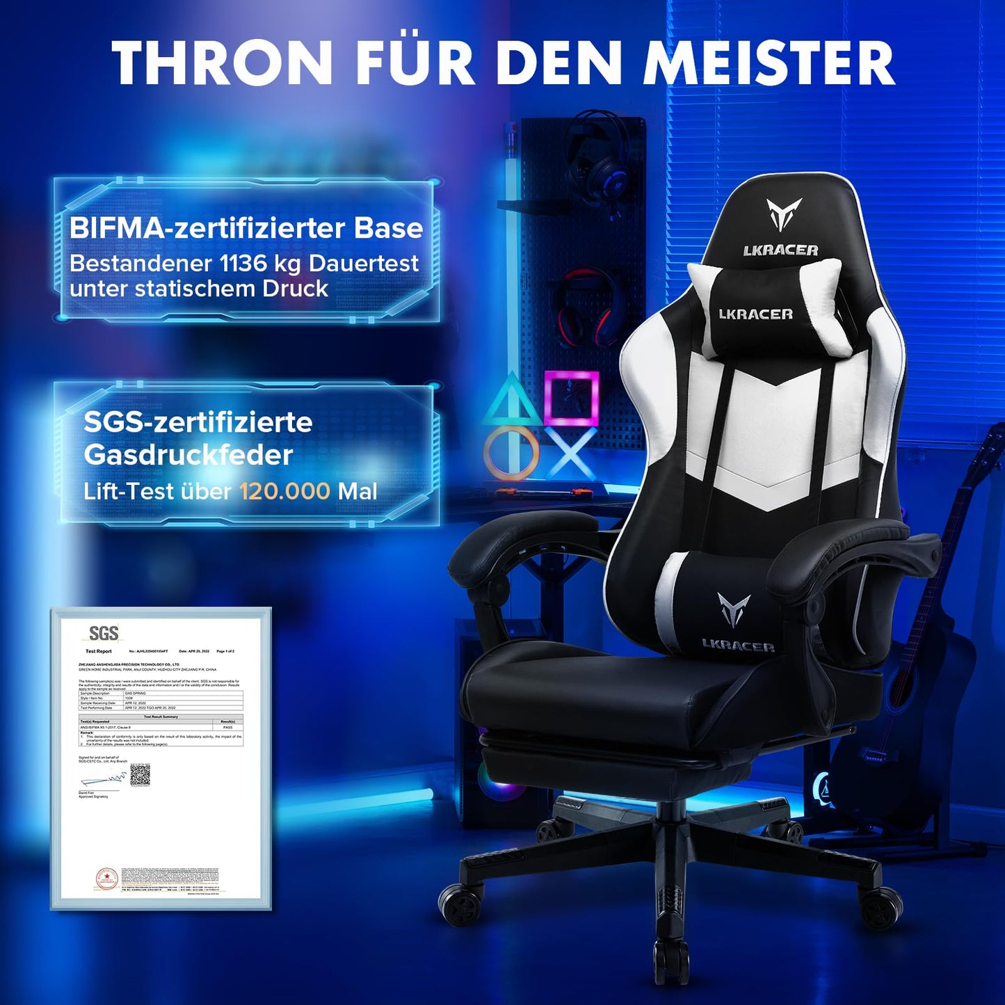 LUCKRACER Gaming Stuhl mit fußstütze Bürostuhl Ergonomisch mit verstellbare Lendenkissen, Kopfkissen Gaming Chair,Höhenverstellbarer Gamer Stuhl, 150 kg Belastbarkeit Grau
