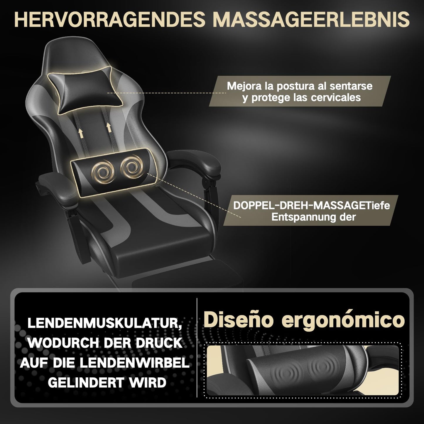 Devoko Massage Gaming Chair, Office Chair with Footrest and Massage Lumbar Cushion, Gamer Chair with Headrest, Ergonomic Gaming PC Chair 150 kg Load Capacity, Black