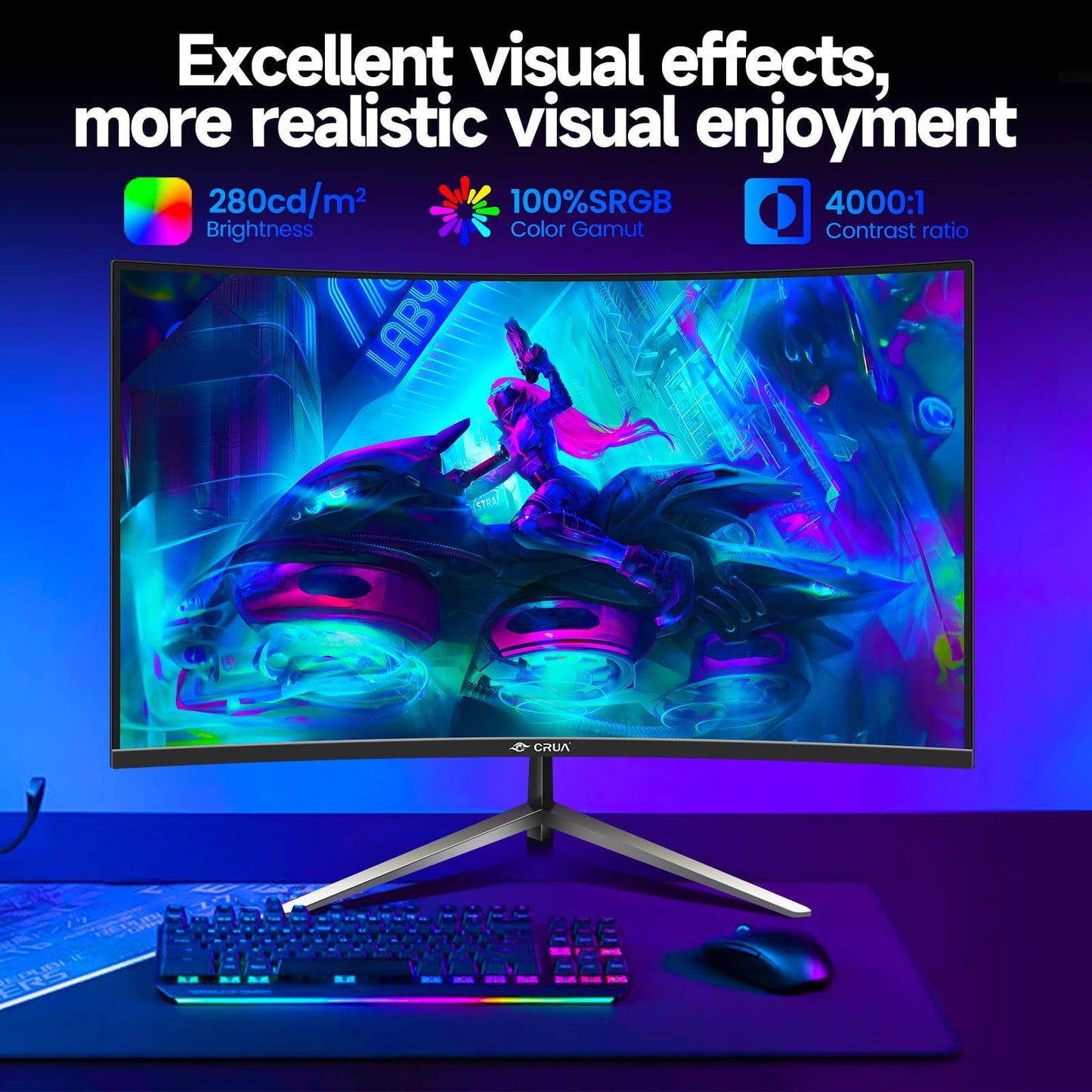 CRUA 27 Inch 200Hz Curved Gaming Monitor, FHD 1080P 1800R PC Monitor, 1ms GTG with FreeSync, Low Motion Blur, Eye Protection, VESA, DisplayPort, HDMI, Black