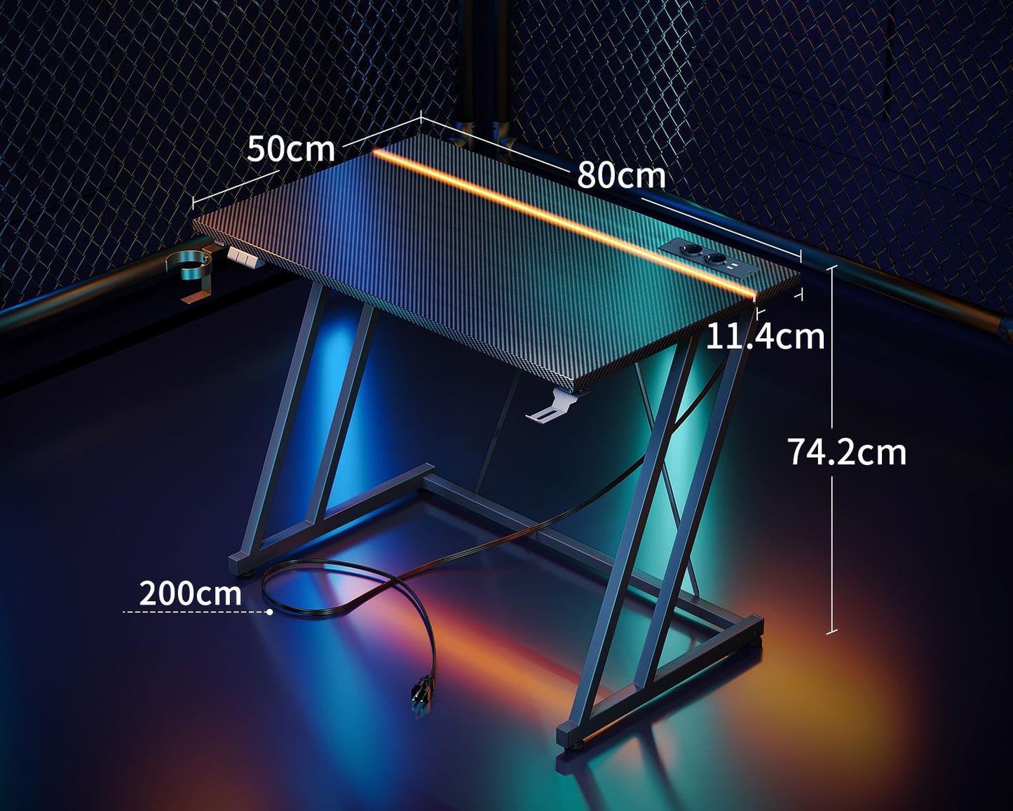 ODK Gaming Tisch mit LED & Steckdose, Gaming Schreibtisch mit Becherhalter und Kopfhörerhaken, Doppel-Z-Rahmen-Design Kleiner Computertisch, Carbon Fiber Schwarz PC Tisch 120 cm