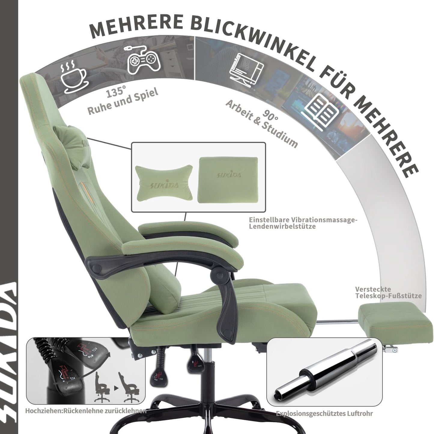 SUKIDA Gaming Stuhl Computerstuhl Ergonomischer Gaming Chair mit Fußstütze Bürostuhl Ergonomischer Computerstuhl mit Lendenwirbelstütze Schwarz