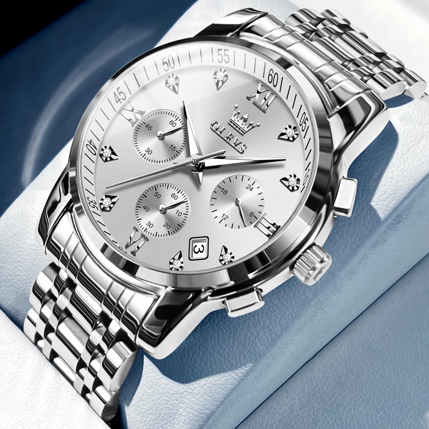 OLEVS Uhren Herren, Edelstahl Analoger Quarzuhr, Multifunktionale Diamanten Herrenuhren, Klassisches Luxuskleid Herrenuhr